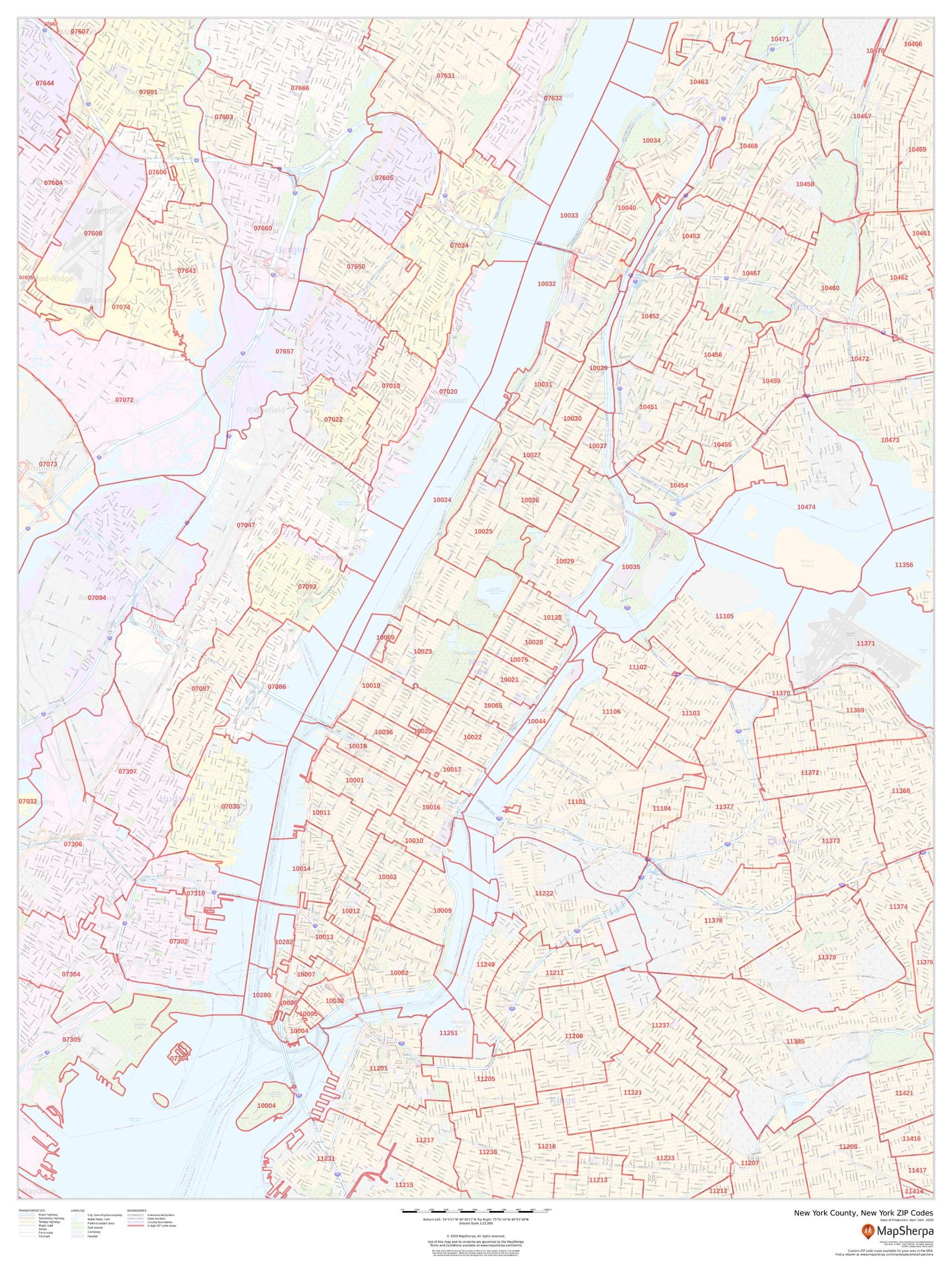 New York County NY Zip Codes Map - 36x48 Inch Rolled Canvas Wall Art for Home & Office Decor | Perfect for Gifts, Classrooms, and Interior Design