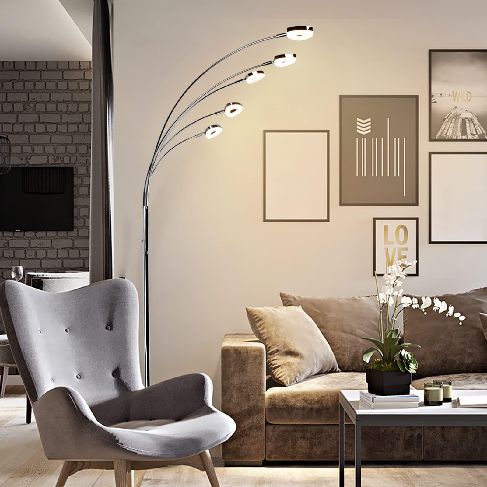 DINGLILIGHTING DLLT 5-Head Adjustable Arc Floor Lamp - Modern Spider Design with 5 Flexible Arms, 3 Brightness Levels (Warm White) - Silver Standing Tree Lamp for Living Room, Bedroom & Office - Perfect for Reading, Working and Ambient Lighting