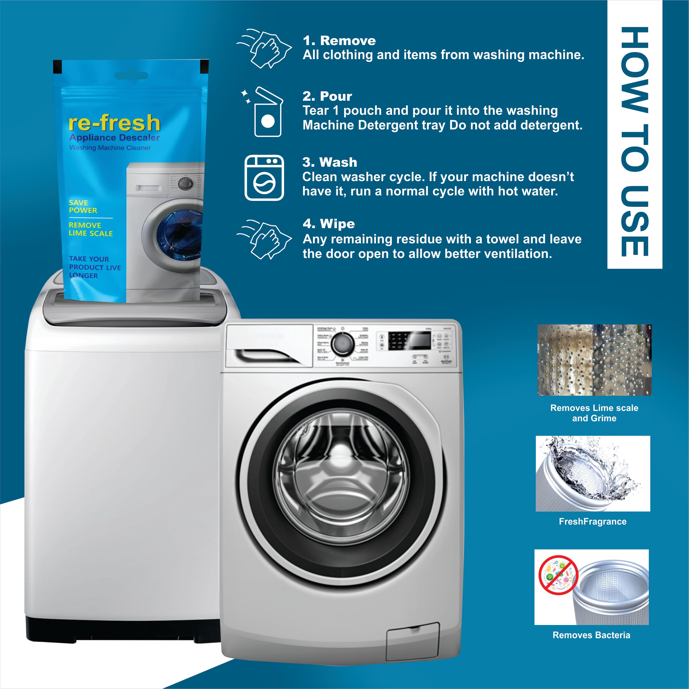 Walvia Re-fresh Washing Machine Cleaner Powder - 600g (Pack of 6) | Top & Front Load Washer Descaler, Drum Cleaner for Limescale & Odor Removal | Perfect for Laundry Maintenance & Appliance Care