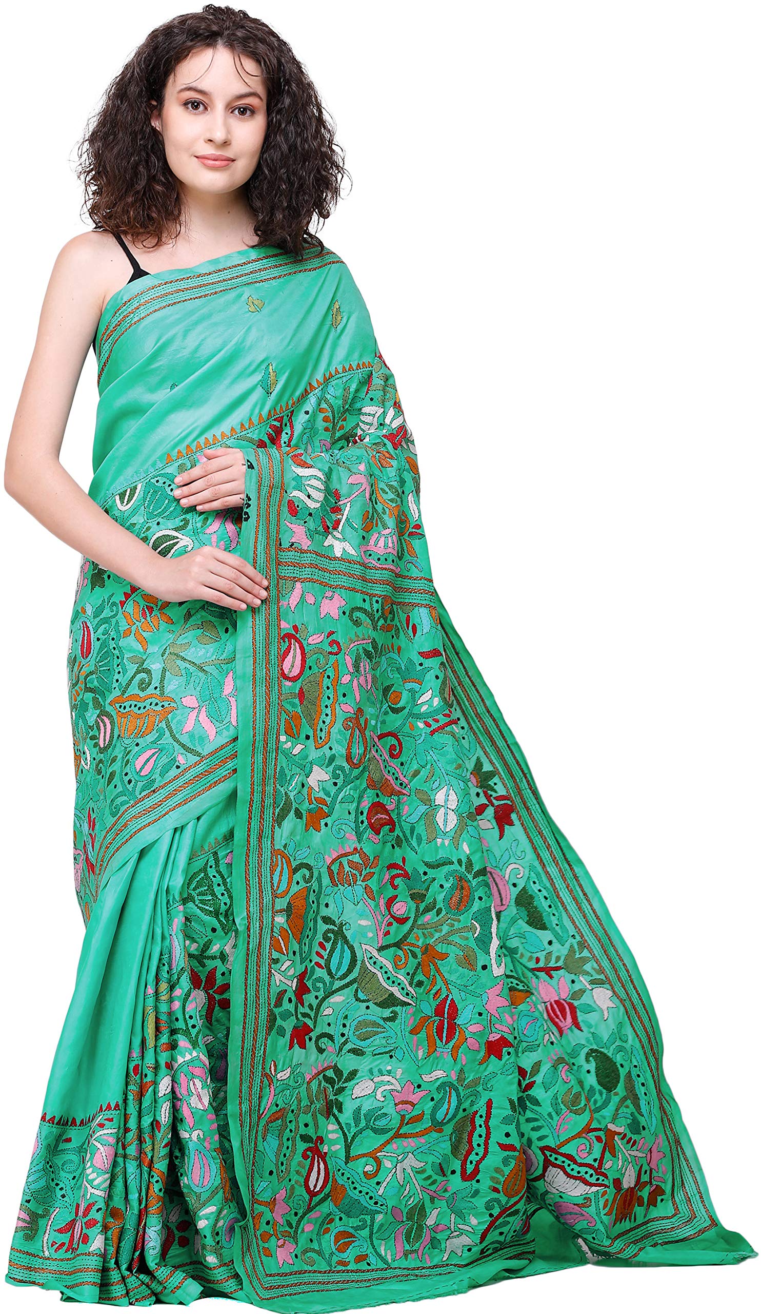 Exotic Indian Waterfall Sari from Bengal - Handmade Kantha Embroidered Floral Design in Green | Perfect for Weddings, Festivals & Cultural Events