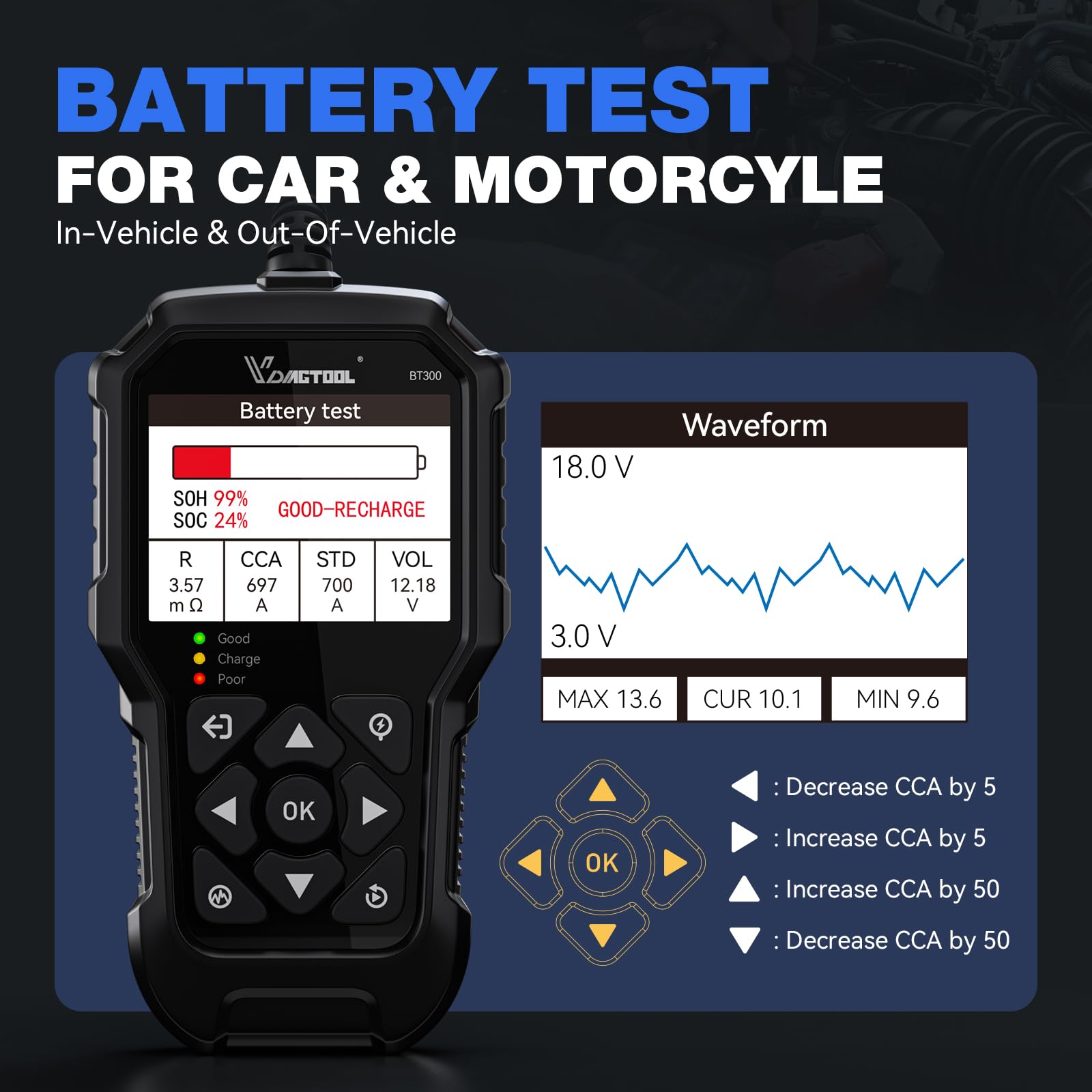VDIAGTOOL BT300 Professional Car Battery Tester - 6V/12V Automotive Battery Load Tester with 5-3000 CCA Range | Starter & Alternator Diagnostic Tool for Cars, Trucks, SUVs, Motorcycles, ATVs & Boats | Perfect for Home Mechanics & Auto Repair Shops