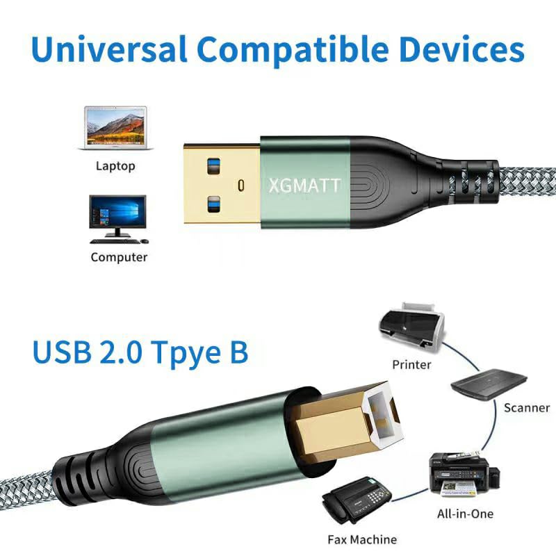 Premium 10ft USB 2.0 A to B Printer Cable - High-Speed Nylon Braided Scanner Cord for HP/Canon/Dell/Epson/Brother/Xerox/Samsung Printers - Durable Grey Cable for Home Office & Studio Use
