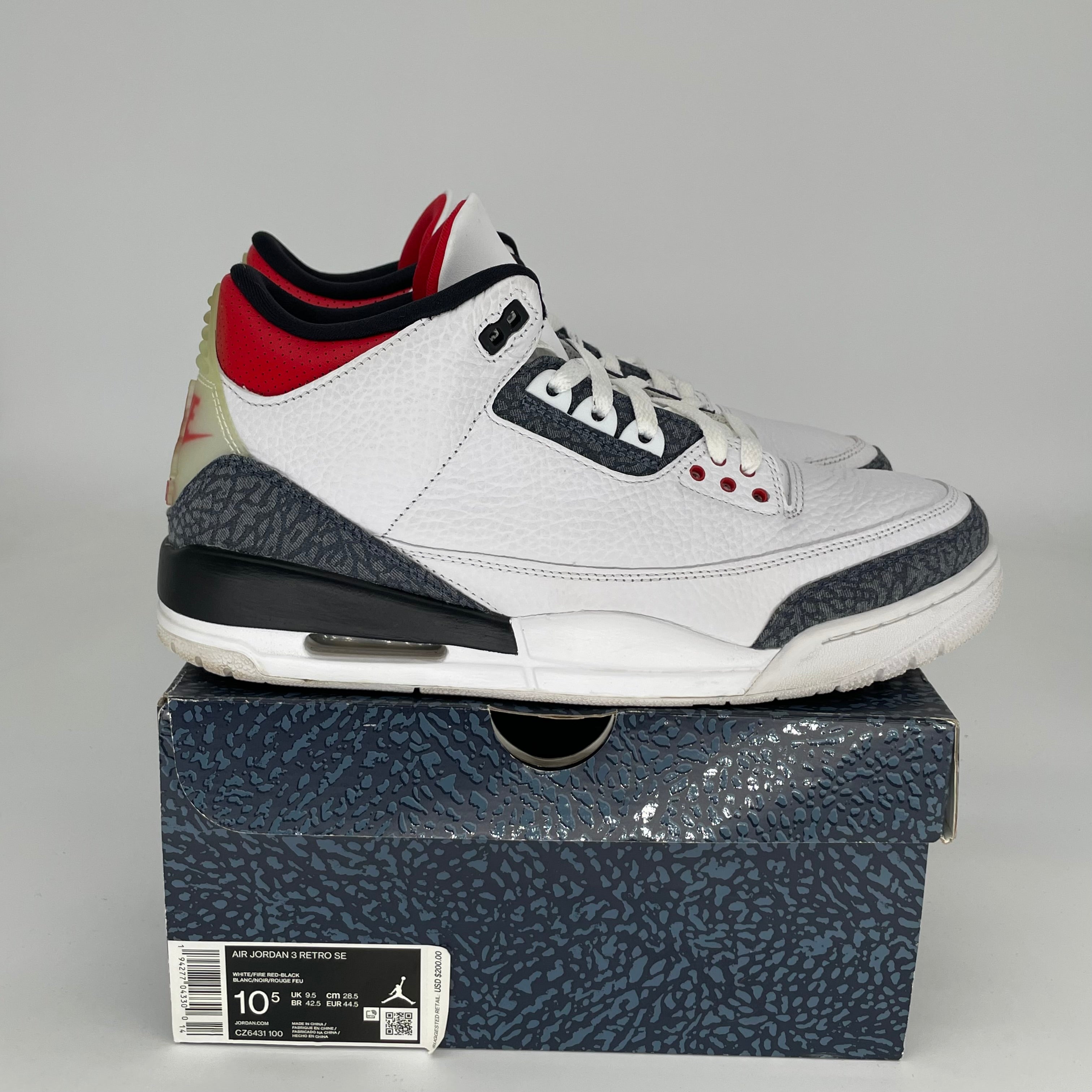 AIR JORDAN 3 Retro Fire Red Denim Sneakers - Men's Size 10.5 (CZ6431-100) | Authentic Basketball Shoes for Streetwear & Casual Outfits