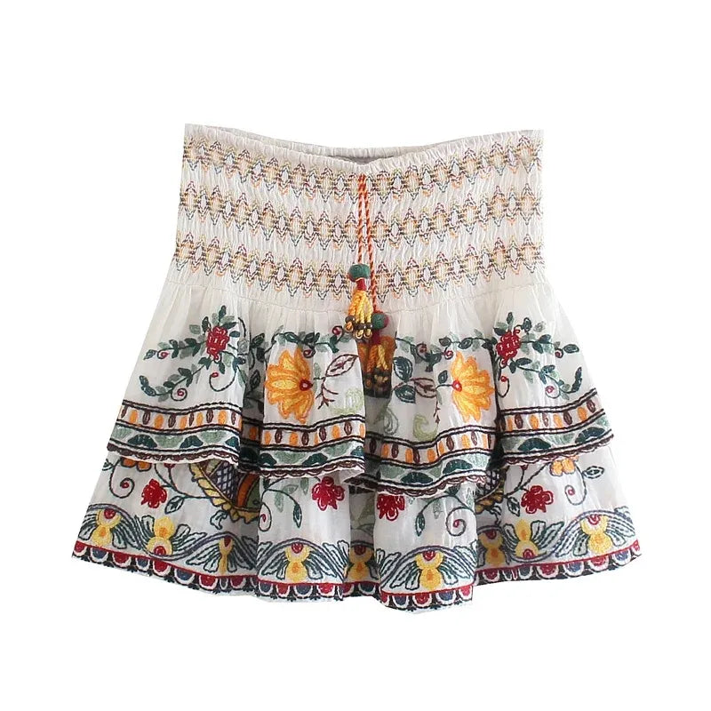 Vintage Batwing Sleeve Women's Autumn Outfit Set - Floral Embroidery Paisley Print V-Neck Button Down Tiered Mini Skirt Dress Suit for Fall Fashion, Date Nights & Boho Chic Style