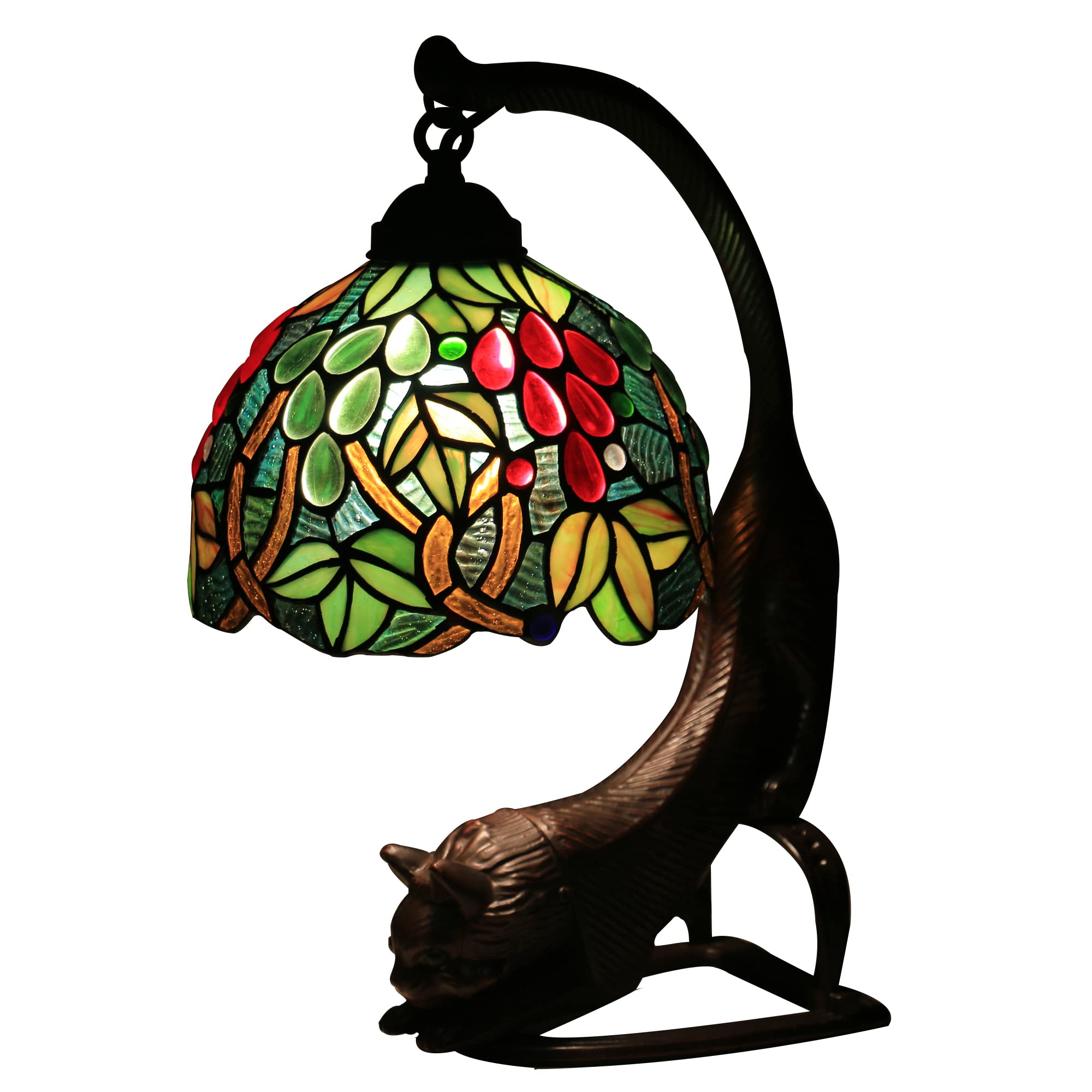 8 Inch Tiffany Style Table Lamp - Green Grapes Stained Glass Desk Lamp with Alloy Cat Base, E26 MAX40W for Living Room, Bedroom & Bedside Decor | Perfect for Home Office, Reading Nook & Cozy Ambiance
