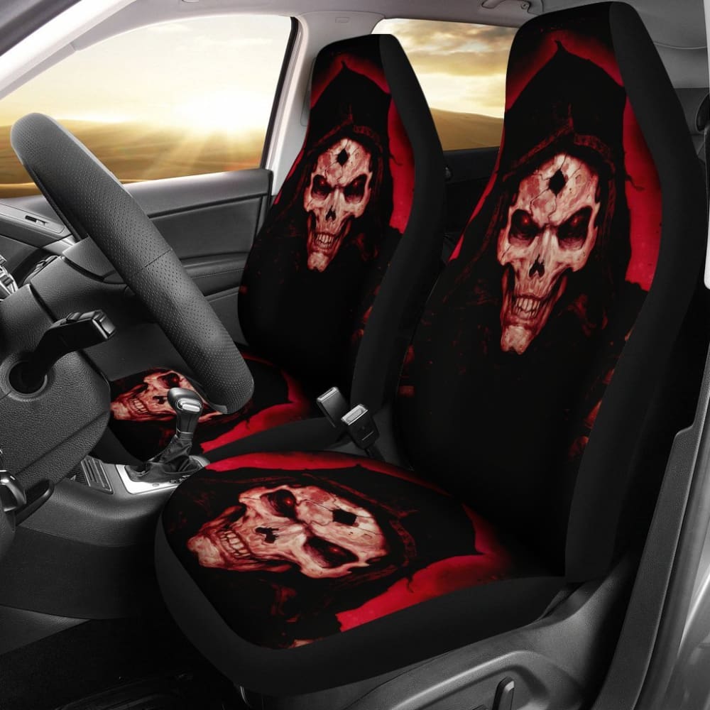 2 Pcs Gothic Skull Car Seat Covers - Universal Fit for Cars, Trucks & SUVs - Black PU Leather with Skull Design - Perfect for Halloween, Gothic Style & Car Enthusiasts