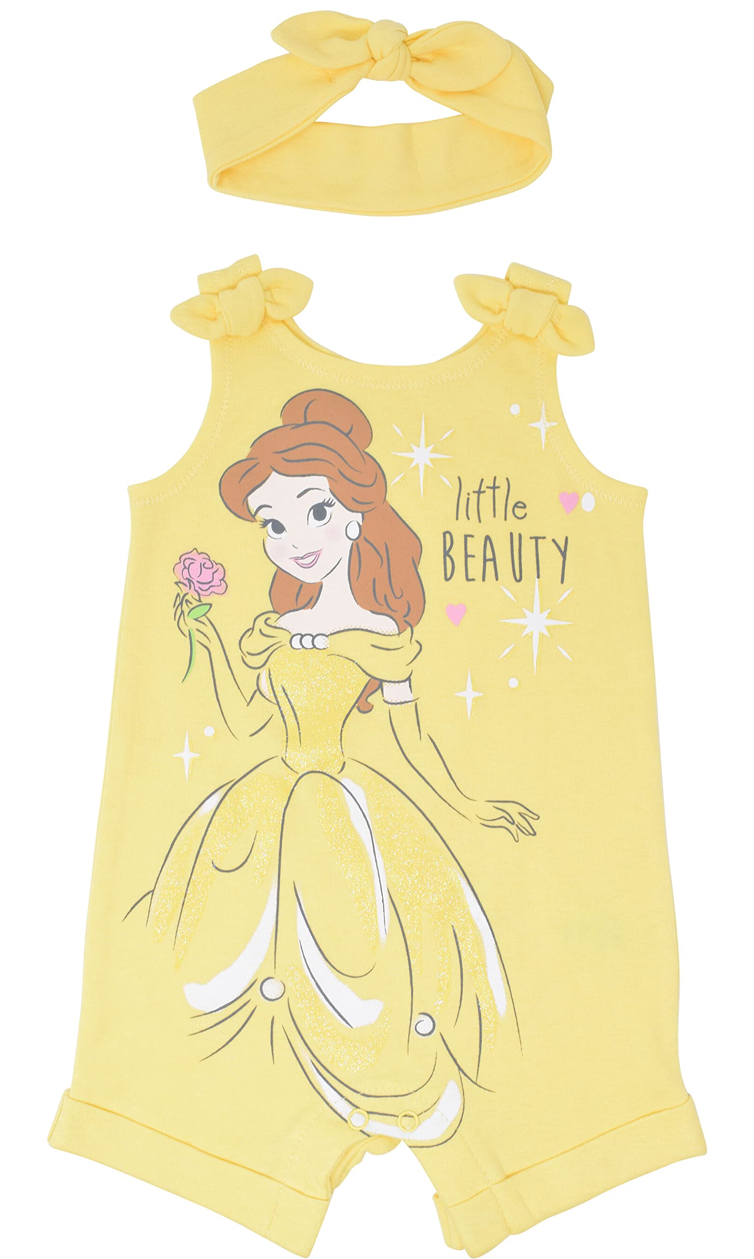 Disney Princess Rapunzel Ariel Belle Jasmine Aurora Baby Girls Snap Romper & Headband Set - Newborn to 24M Toddler Outfit for Birthday Party, Photo Shoot & Daily Wear
