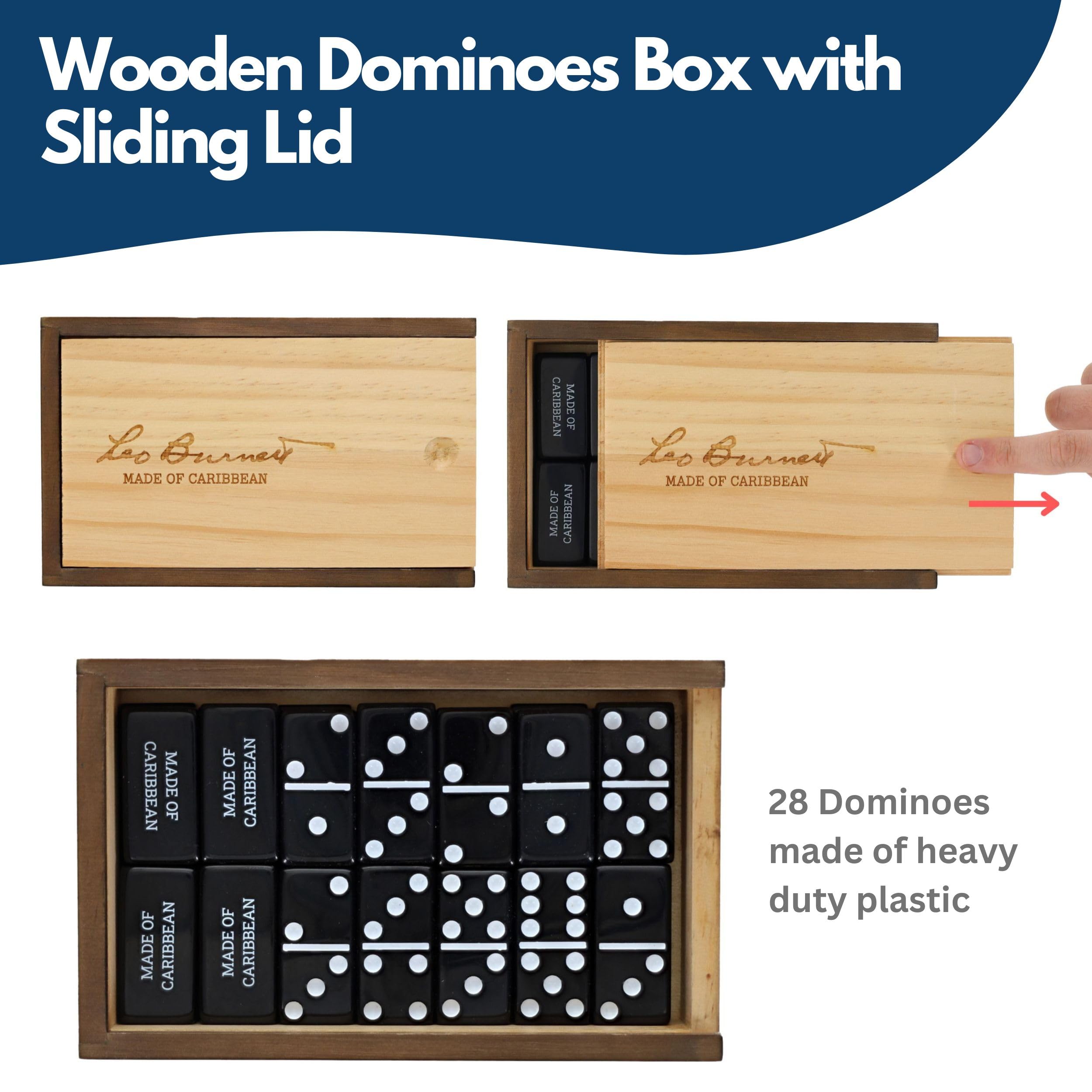 WE Games Custom Engraved Double 6 Black Dominoes Set in Wooden Case - Classic 28-Piece Domino Set for Family Game Night, Parties, and Casino-Themed Events