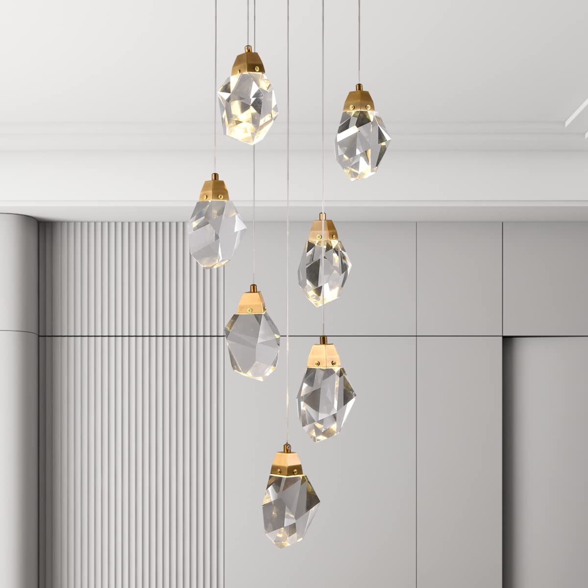 Modern Farmhouse Pendant Light Fixtures - Luxury Crystal Hanging Lamp with Brass Finish, Raindrop LED Dimmable Chandelier Ceiling Light (7 Lights, D11.81” x H59.05”) - Perfect for Foyer, Dining Room, Kitchen Island & Staircase Lighting