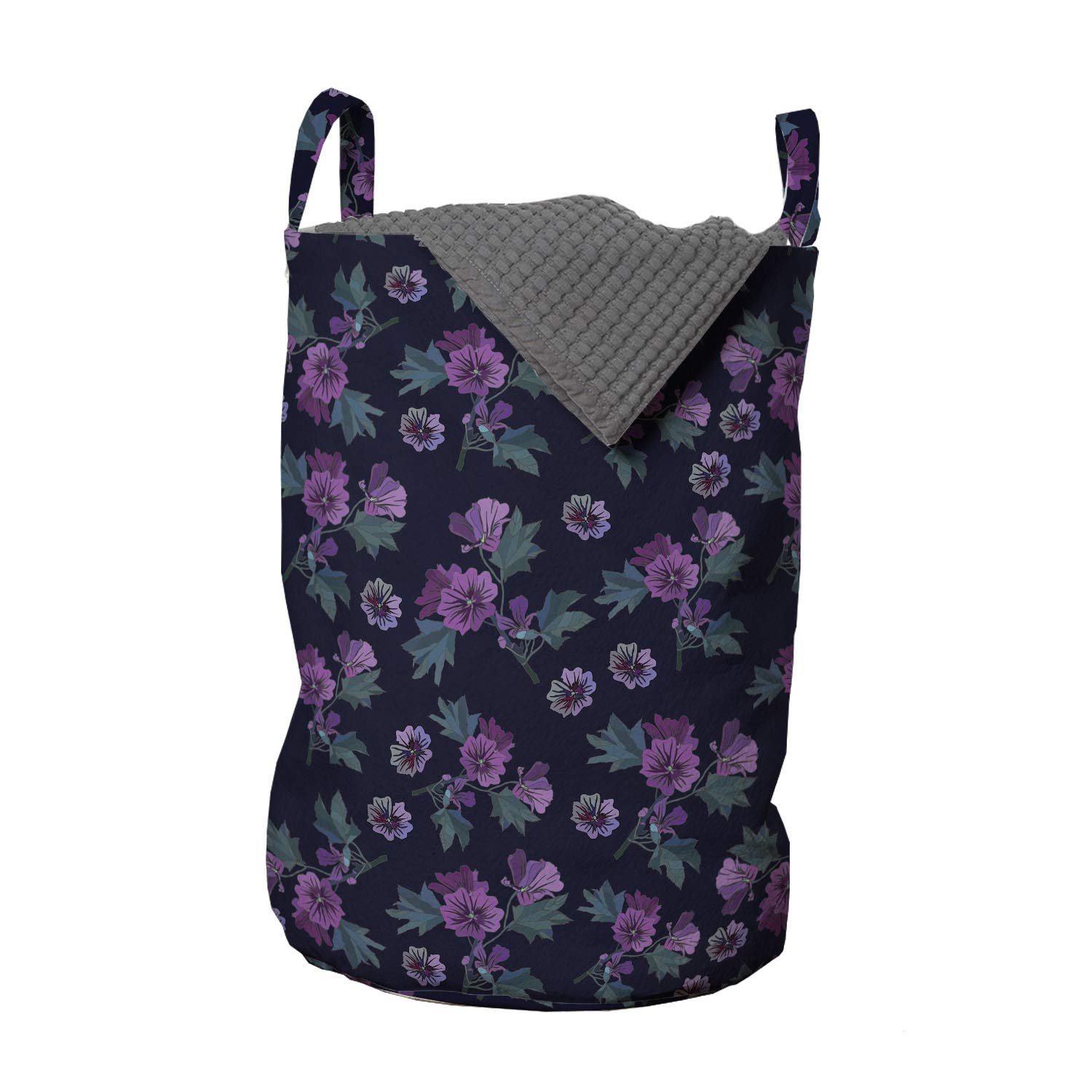 Ambesonne Floral Laundry Bag with Handles - Dark Purple Fuchsia Poppy Lily Flower Pattern on Dark Background - 13
