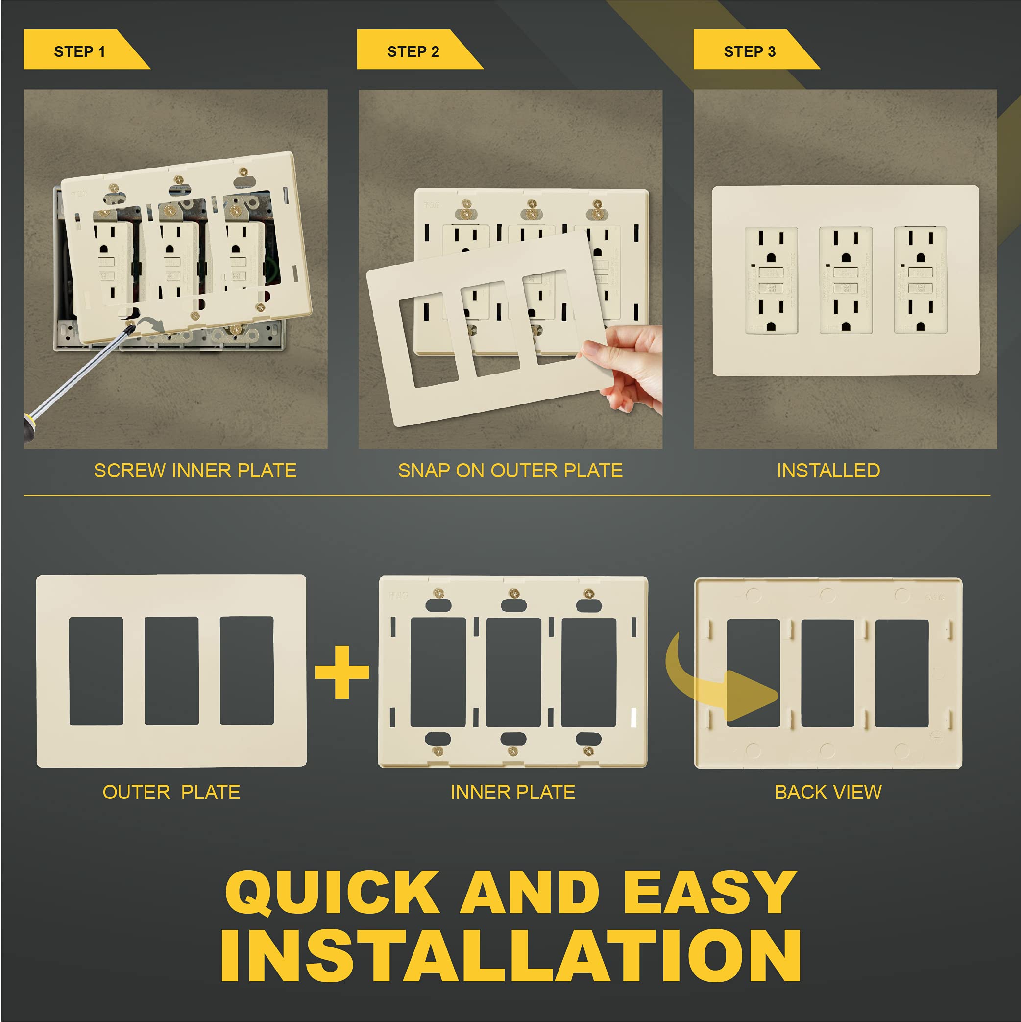 Faith 3-Gang Screwless Wall Plate Outlet Covers - Child Safe, Fits GFCI, USB, Dimmers & Lighting Controls, ETL Listed, Ivory (4-Pack) - Perfect for Home, Office & Nursery Safety