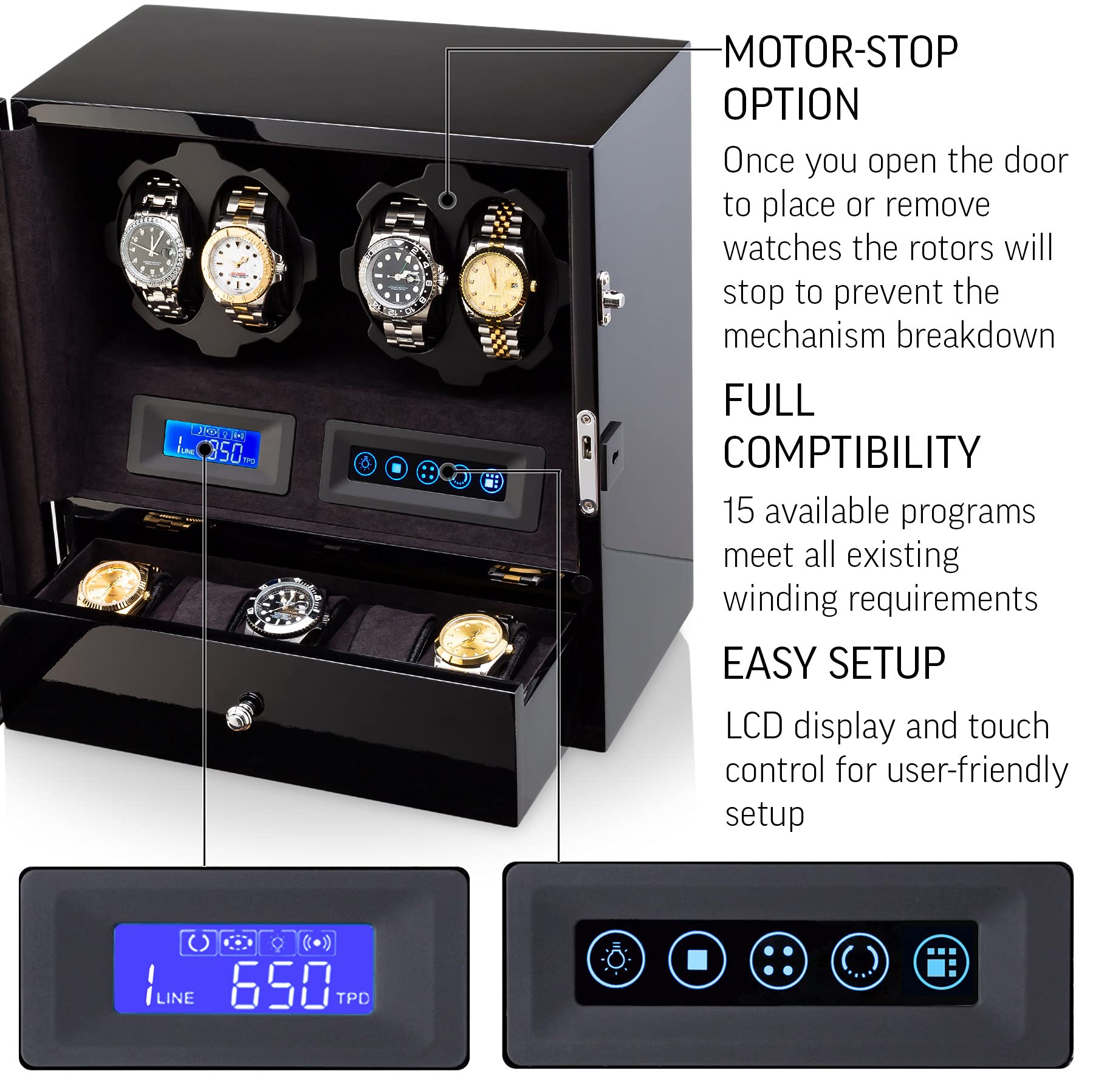 4 Watch Winder with 5 Watch Storage Space - LCD Display, Touch Control & LED Interior Light | Automatic Watch Winder for Men & Women | Perfect for Watch Collectors, Display Cases & Nightstands