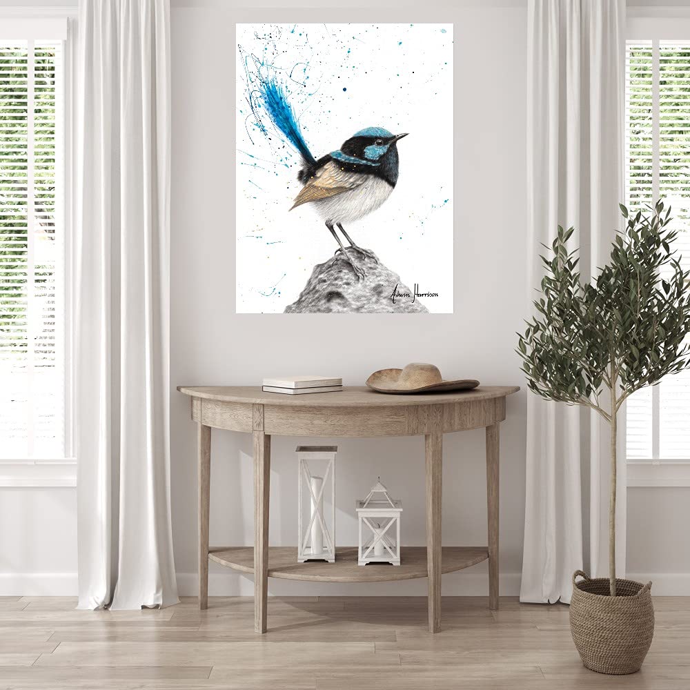 Blue Wren Fine Art Canvas Wall Decor by Ashvin Harrison - 24x32 Inch Ready to Hang Painting for Living Room, Bedroom, Office - Nature Inspired Home Decor & Gift Idea for Bird Lovers