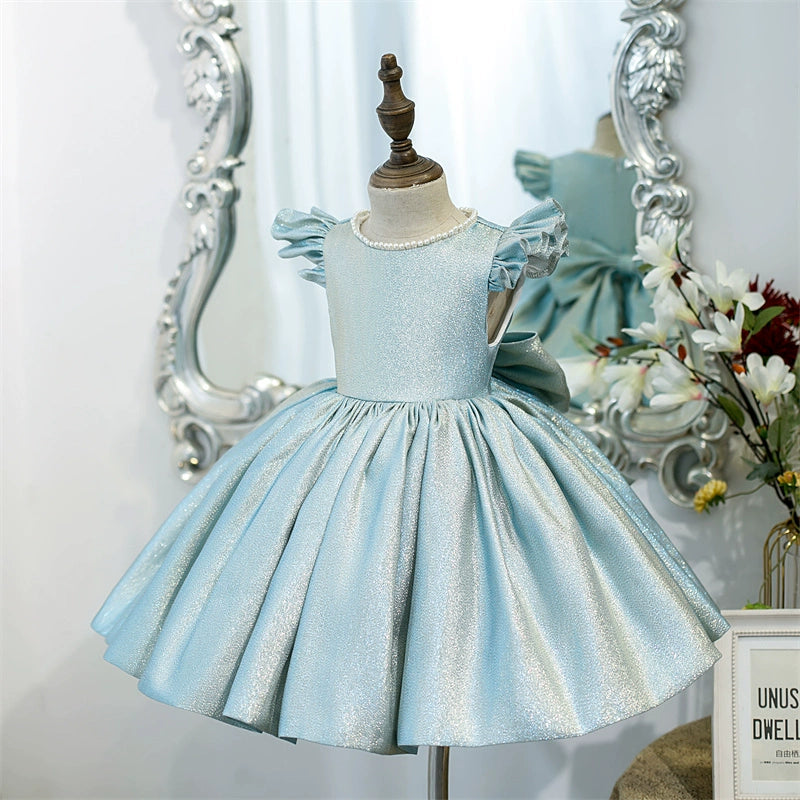 Blue Princess Jewel Neck Tea-Length Satin Flower Girl Dress for Weddings & Special Occasions | Elegant Formal Attire for Kids
