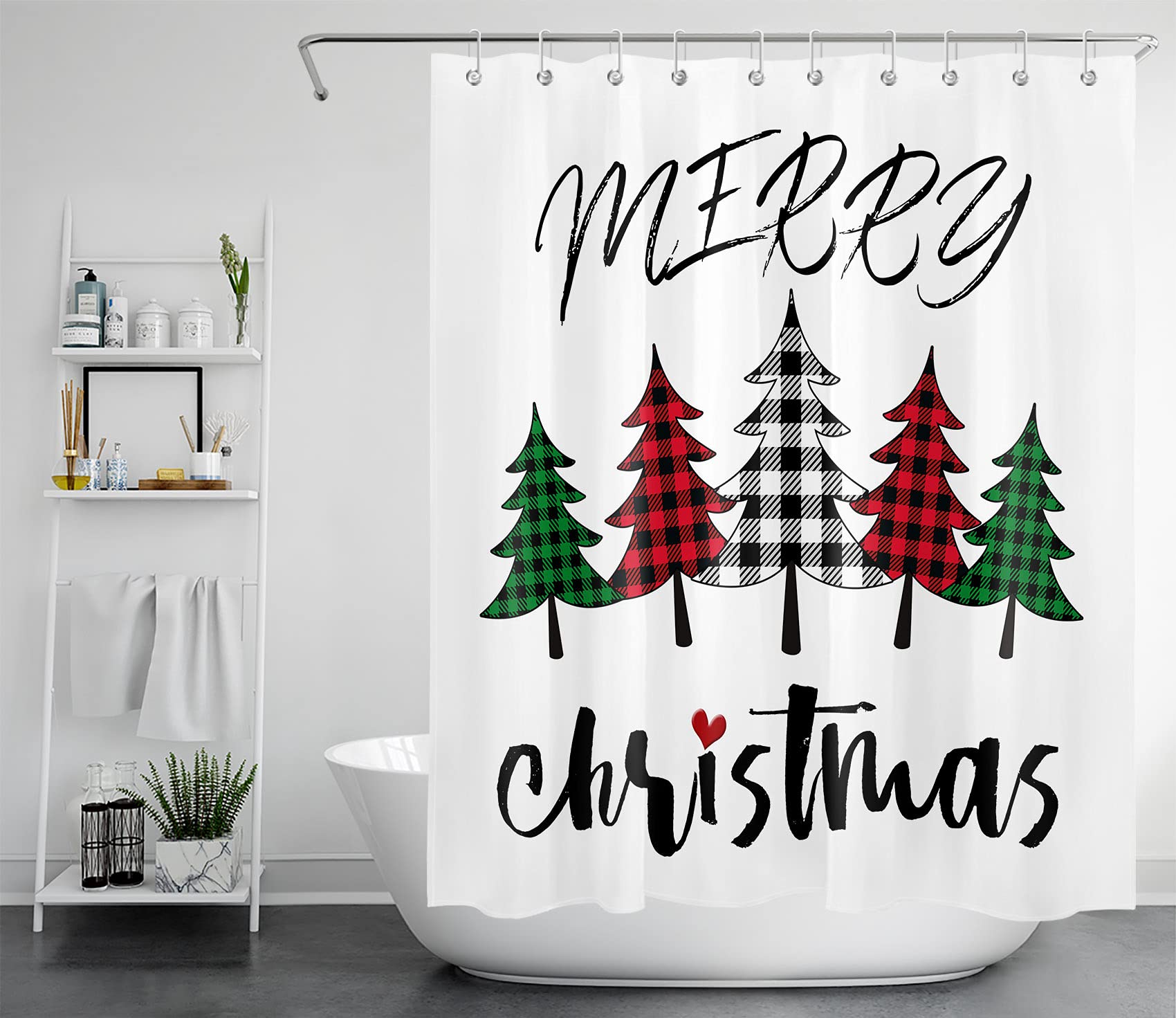 Merry Christmas Shower Curtain - Colorful Checkered Xmas Tree Design, Waterproof Polyester Fabric Bathroom Decor (60x72 Inches) with Hooks - Perfect for Holiday Bathroom Decorations, Winter Home Decor & Christmas Gift Ideas