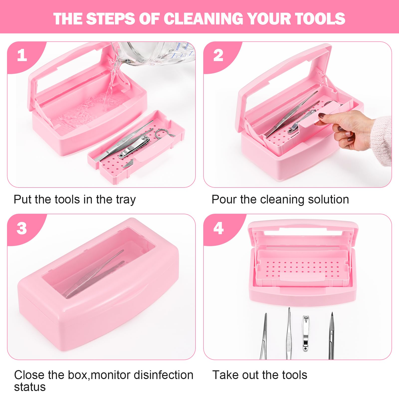 Professional Nail Tool Sterilizer Box - Plastic UV Sterilization Tray & Storage Organizer for Tweezers, Eyelash Extensions Tools, Nail Implements - Perfect for Salons, Spas & Home Use (Pink)