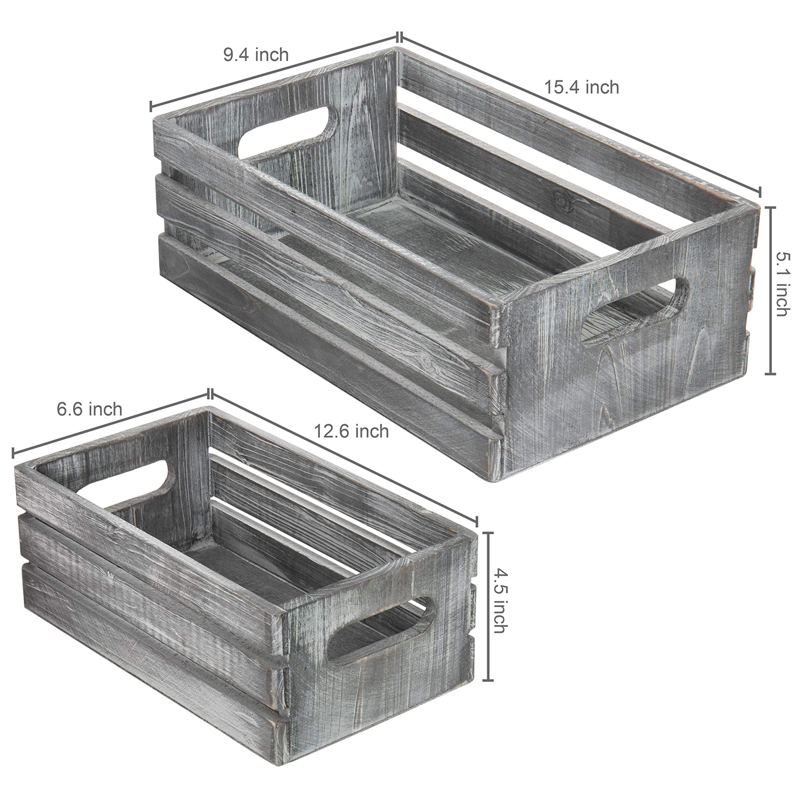 Rustic Dark Gray Wood Decorative Storage Boxes with Cutout Handles - Set of 2 Country Style Nesting Crates, Open Top Pallet Design Bins for Home Office, Farmhouse Decor, and Gift Wrapping