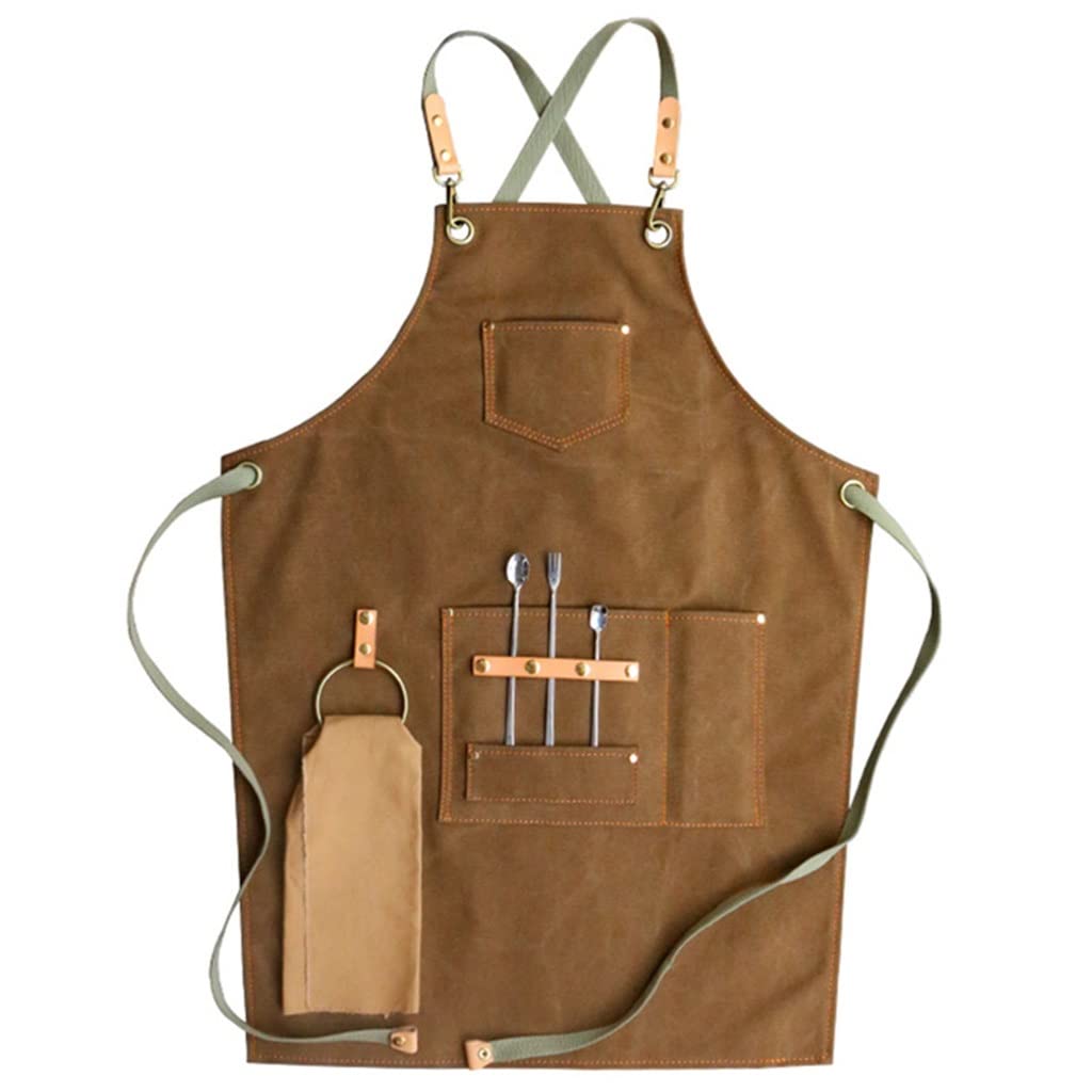 Premium Denim Canvas Apron for Men & Women - Durable Workwear for Baristas, Barbers, Chefs & Waiters - Khaki, 85x61cm - Ideal for Coffee Shops, Restaurants & Tea Houses
