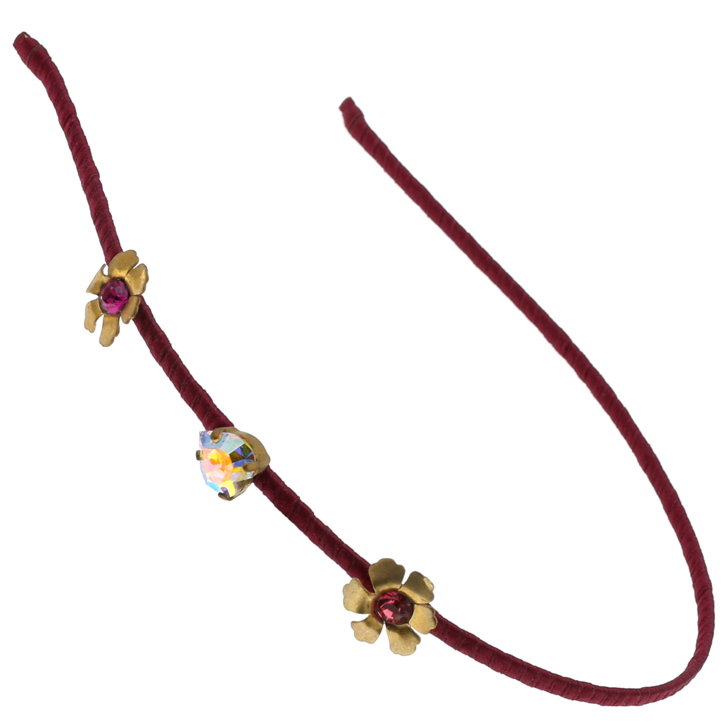 Italian Handmade Thin Red Brass Headband with Swarovski Crystals & Flowers for Weddings & Parties