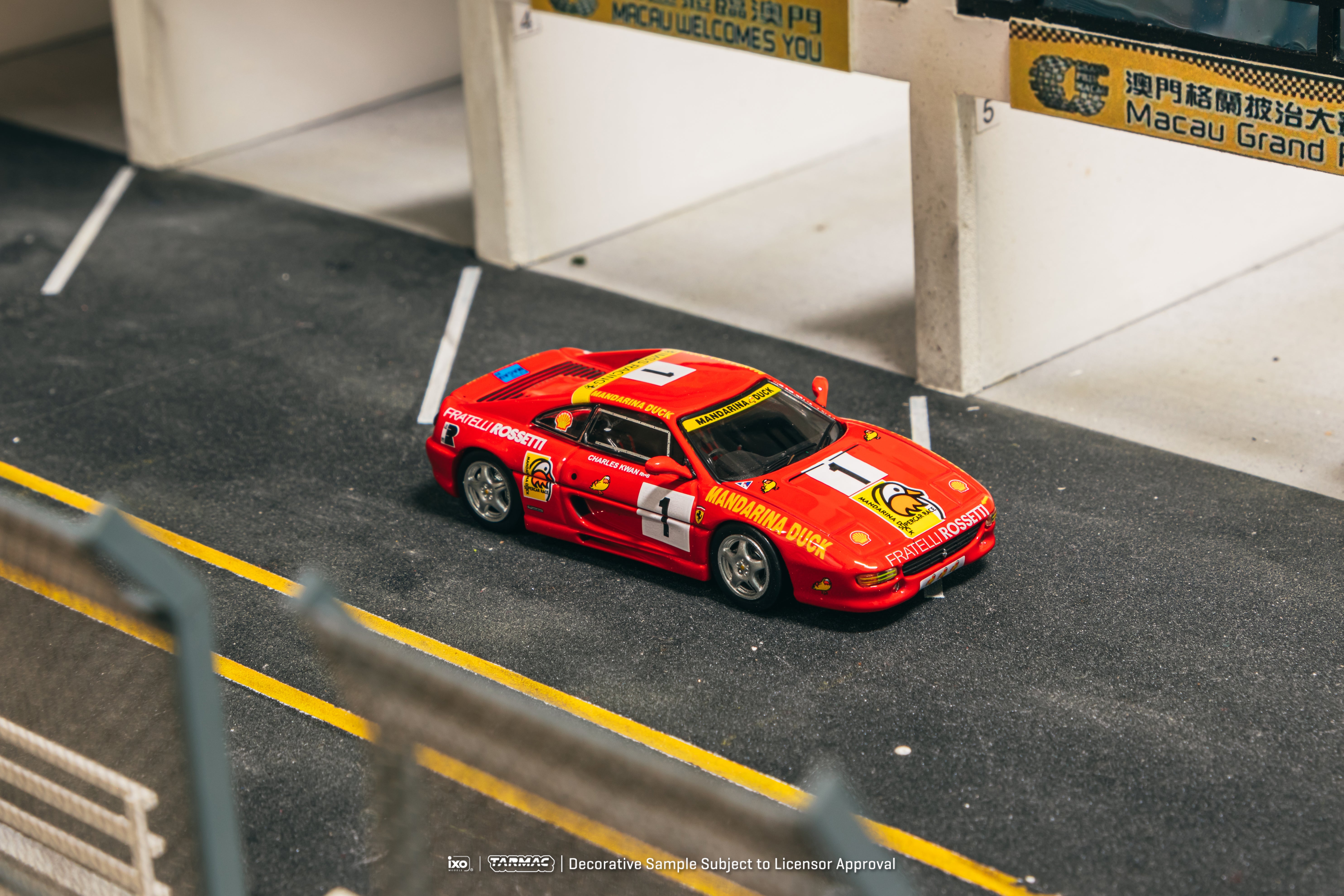 Tarmac Works 1/64 Scale Ferrari F355 Challenge Macau 1994 Winner #01 Charles Kwan Special Edition Diecast Model Car - Collectible Racing Toy for Display & Racing Enthusiasts