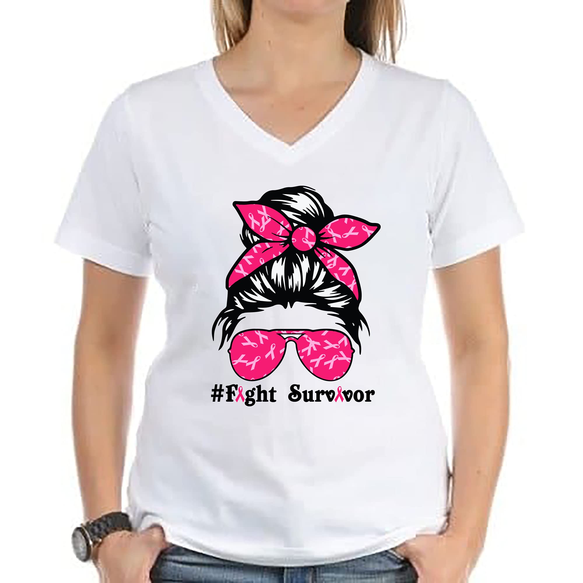 Fight Breast Cancer Awareness T-Shirt - Warrior Messy Bun Pink Ribbon Shirt for Women, V-Neck/Long Sleeve/Hoodie Options (XS-3XL) - Support Survivors & Fighters - Perfect for October Events, Fundraisers & Daily Wear