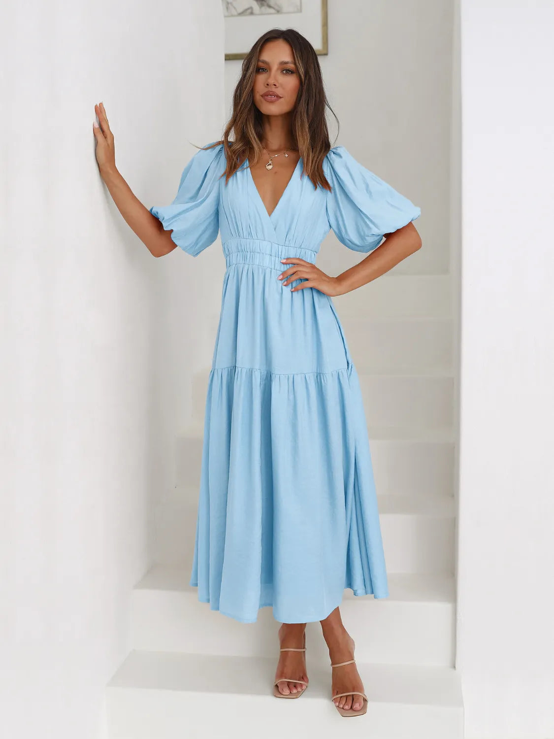 Elegant Surplice Neckline Half Puff Sleeve Midi Dress for Women | Flowy Summer Dress for Beach, Wedding & Cocktail Parties
