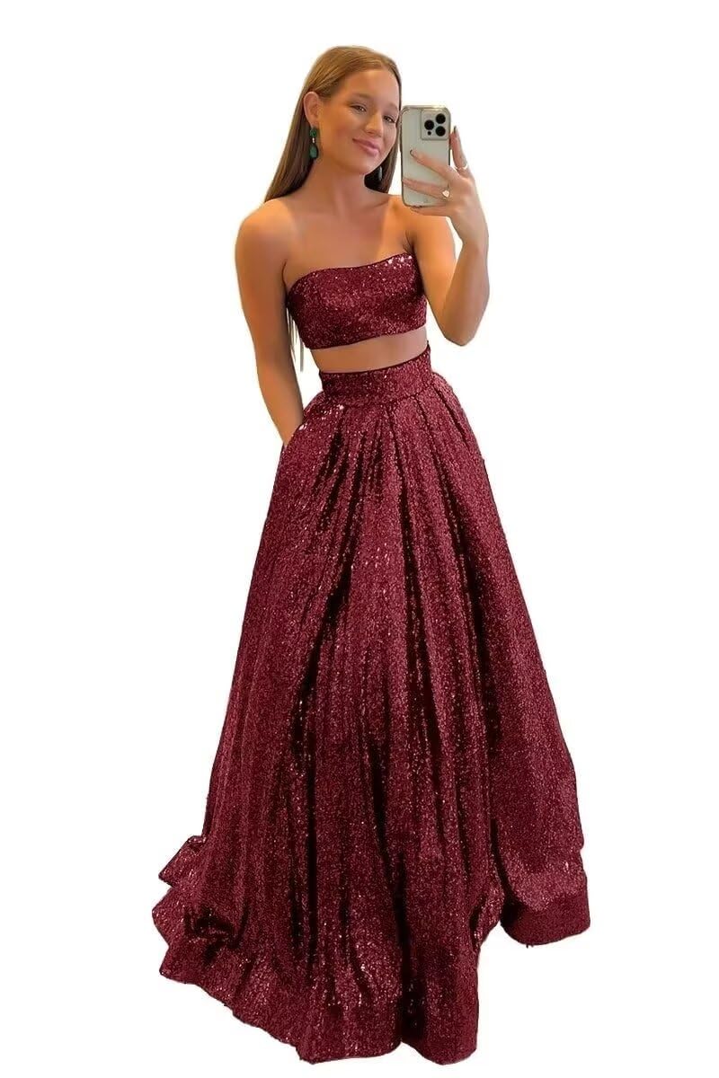Elegant Women's Two-Piece Long Sequin Prom Dress - A-Line Satin Formal Evening Gown for Wedding, Party & Special Occasions | Perfect for Homecoming, Quinceañera & Black Tie Events