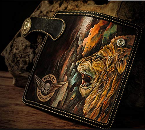 Handcrafted 3D Genuine Leather Wallet for Men - Long Biker Wallet with Hand-Carved Lion King Design - Custom Personalized Leather Wallet for Everyday Use & Gift Giving