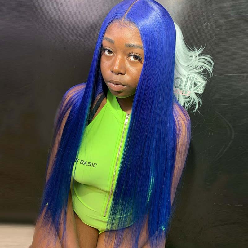 Eullair Blue Body Wave Human Hair Wig with Layered Curtain Bangs | Glueless Lace Frontal Wig | Straight & Wavy Style | Perfect for Cosplay, Halloween & Daily Fashion