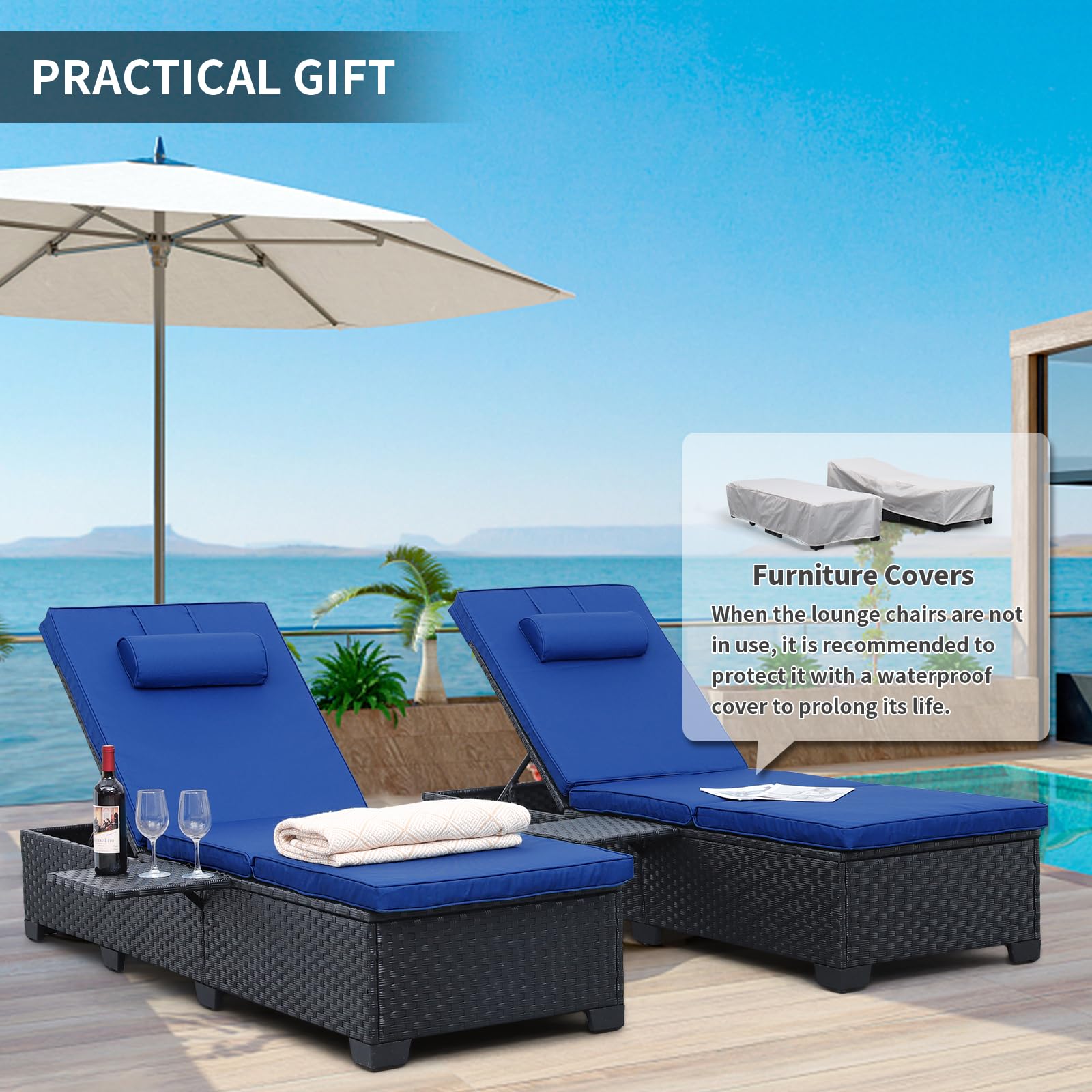 Premium WAROOM Outdoor Chaise Lounge Chairs Set of 2 - Black Wicker Rattan Reclining Pool Sunbathing Chairs with Adjustable Backrest & Royal Blue Cushions - Perfect for Patio, Garden, Poolside Relaxation and Backyard Lounging