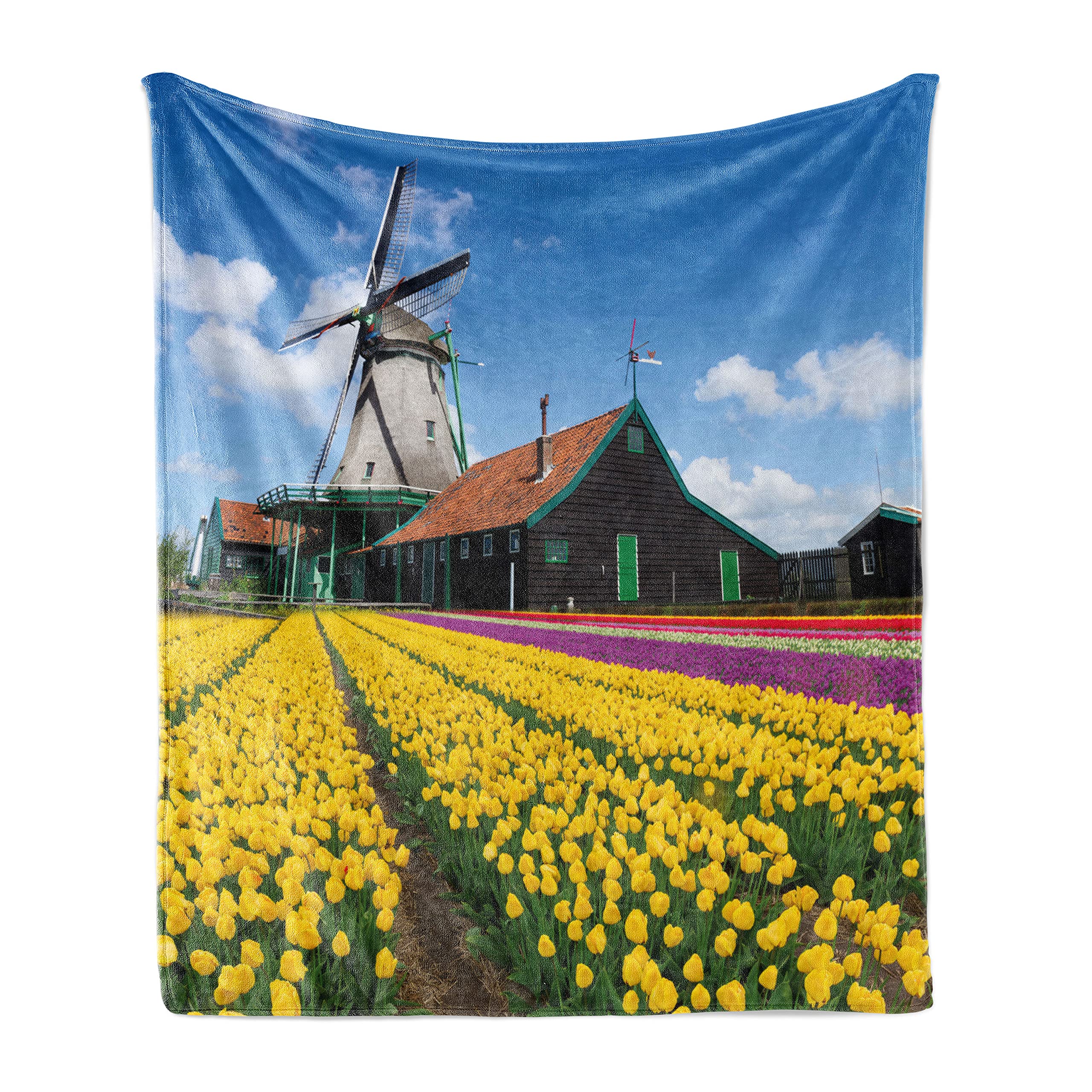 Ambesonne Windmill Throw Blanket - Soft Flannel Fleece Blanket with Rustic Dutch Landscape & Colorful Yellow Tulips Design, 50