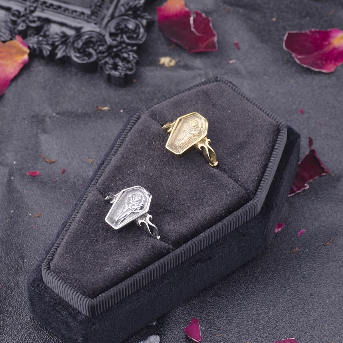Stainless Steel Gold Rose Flower Coffin Ring with Cubic Zirconia - Unique Romantic Jewelry Gift for Women, Anniversary, Valentine's Day