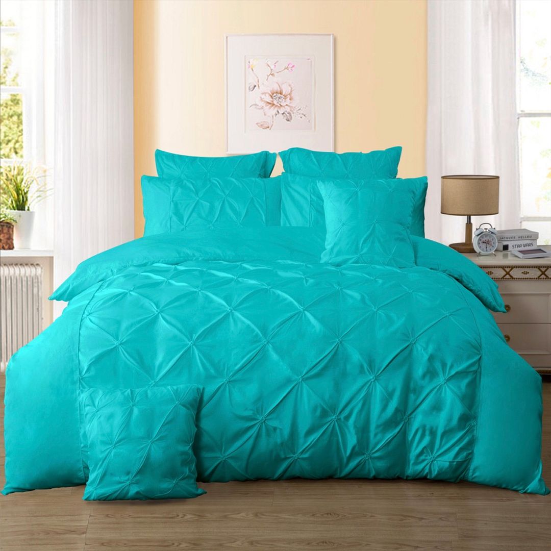 Premium Diamond Pintuck Queen Size Quilt Cover Set - Teal Blue Luxury Bedding for Master Bedroom & Guest Room Decor