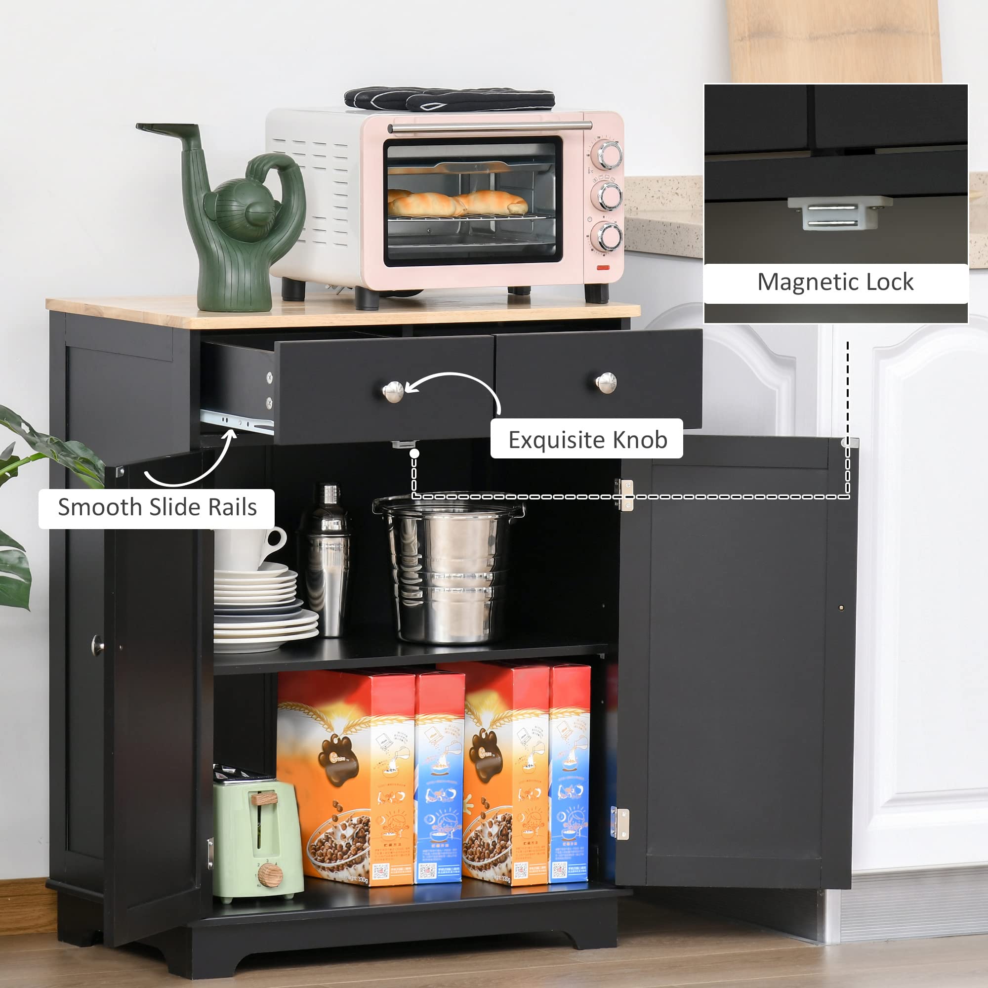 HOMCOM Modern Sideboard with Solid Wood Countertop - Kitchen Storage Cabinet, Coffee Bar Organizer with 2 Drawers & Doors, Adjustable Shelf - Black - Perfect for Dining Room, Living Room & Home Office Storage