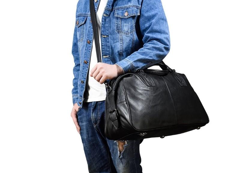 Premium Black Leather Travel Luggage Bag for Men & Women - Durable Carry-On Suitcase for Business Trips & Vacations