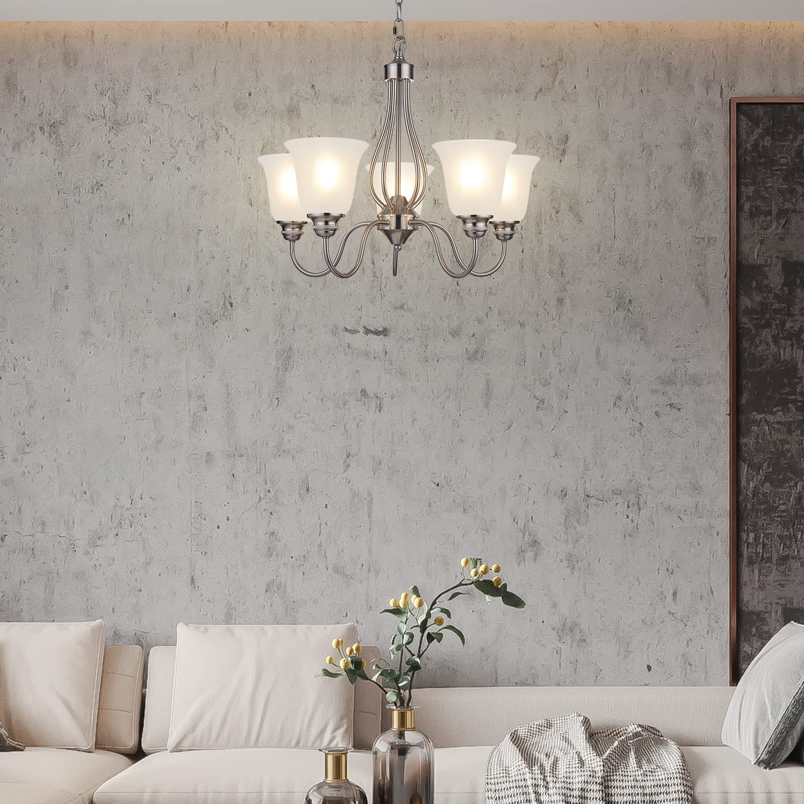 5-Light Brushed Nickel Chandelier - Classic Frosted Glass Ceiling Light Fixture for Dining Room, Living Room, Meeting Room & Corridor - LED Compatible (Bulbs Not Included) - Perfect for Home Decor, Wedding Venues & Restaurant Lighting