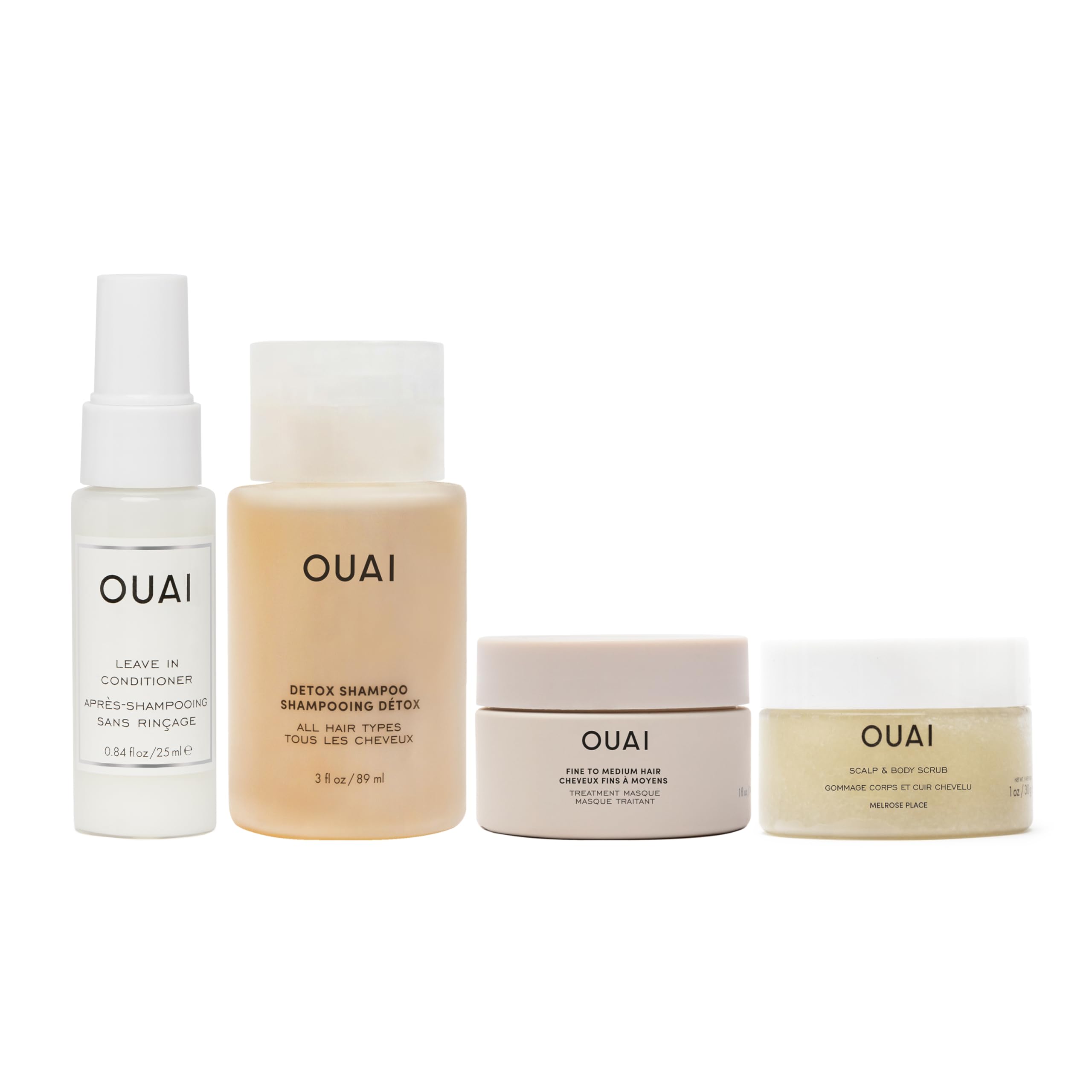 OUAI Travel Kit for Women - 4-Piece Mini Hair Care Set with Leave-In Conditioner, Detox Shampoo, Hair Mask & Scalp Scrub - Perfect Travel Size Toiletries for Vacation, Gym & On-The-Go (Stocking Stuffer Gift Idea)