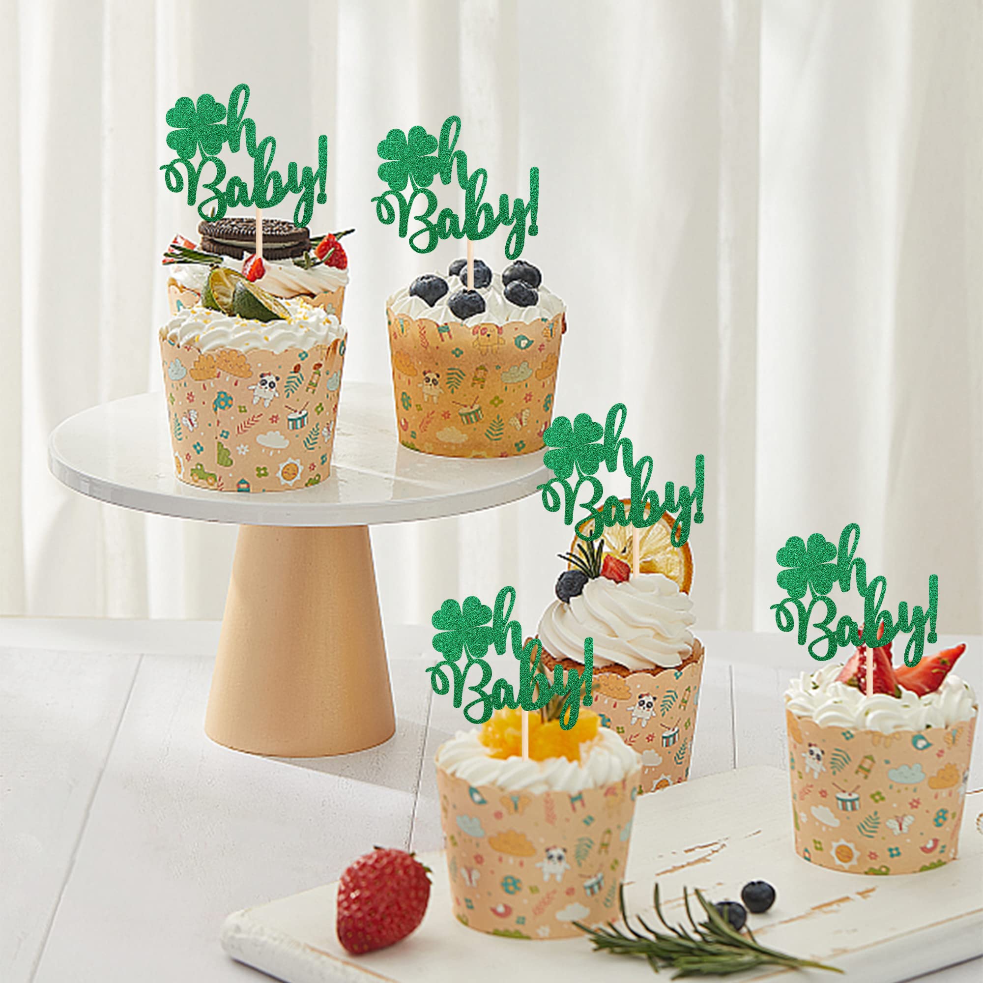 24 PCS St. Patrick's Day Cupcake Toppers - Green Glitter Shamrock & Lucky Four Leaf Clover Decorations for Baby Shower, Birthday Party & Cake Decorating Supplies | Perfect for Irish-Themed Celebrations and Festive Dessert Displays