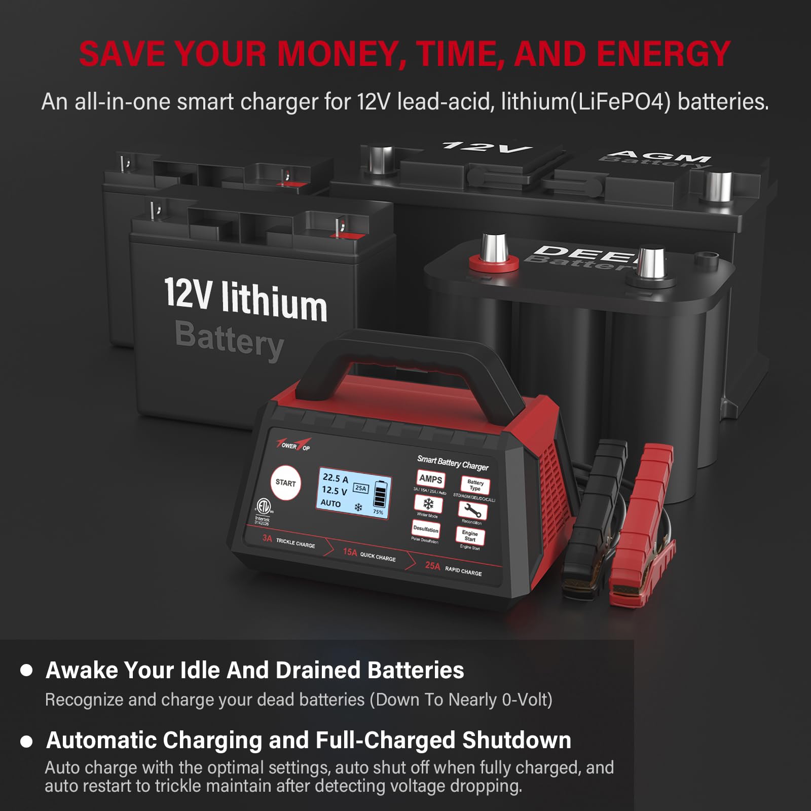 TowerTop 3/15/25 Amp 12V Smart Car Battery Charger & Maintainer - Automatic Engine Start, Auto Desulfator, Battery Repair - Works with Lead-Acid & LiFePO4 Batteries - Perfect for Cars, Trucks, Motorcycles & Marine Vehicles