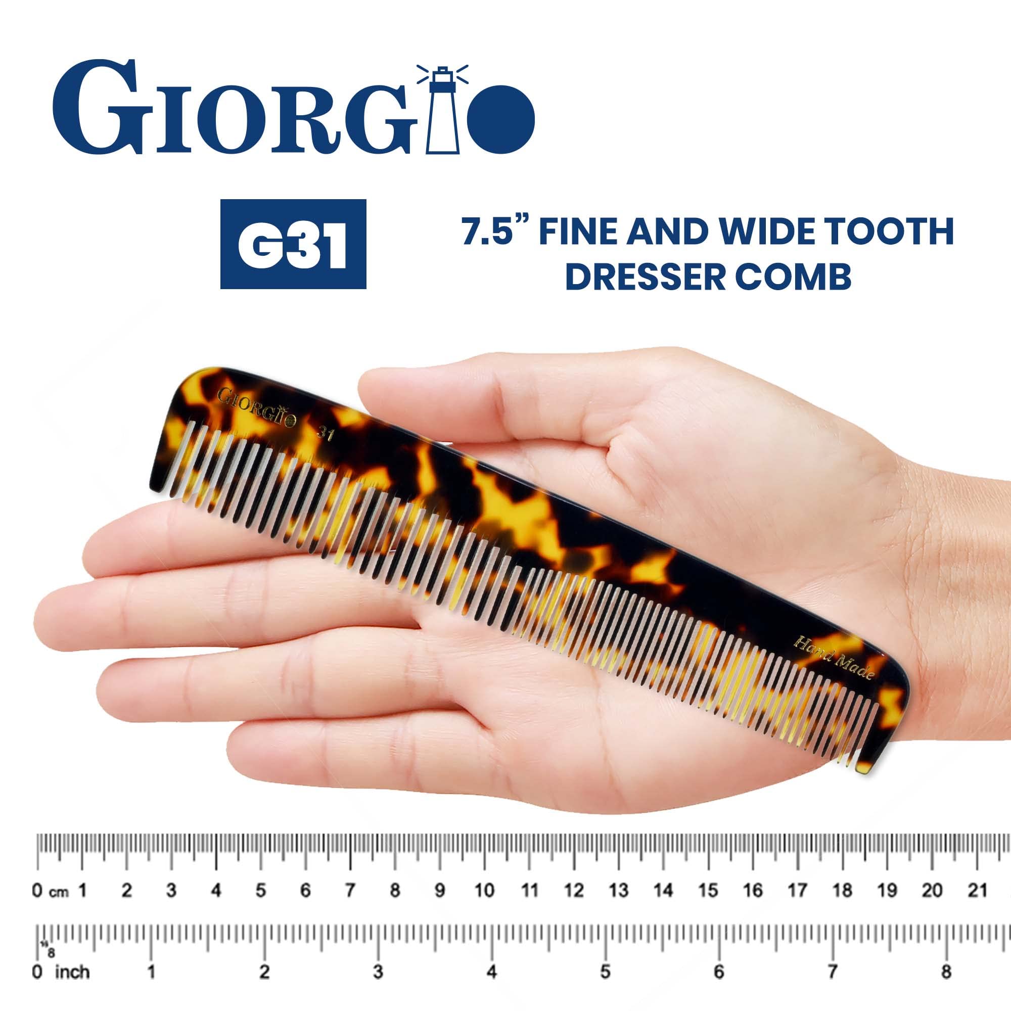 Giorgio G31 Fine & Wide Tooth Hair Comb for Men & Women - Handmade Saw-Cut Detangling Comb for Beard Care, Styling & Grooming - Perfect for Daily Use, Travel & Salon Styling