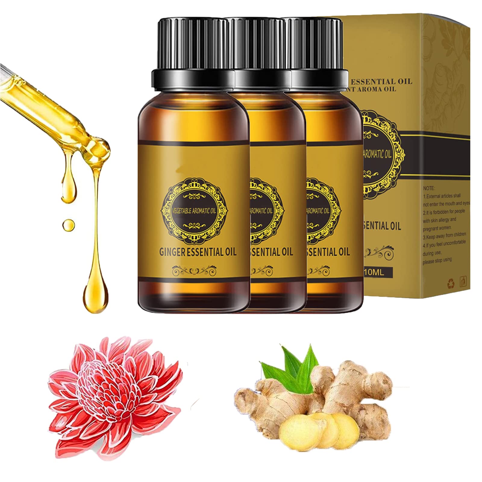 **Pure Ginger Essential Oil for Weight Loss & Belly Fat Drainage - Natural Herbal Slimming Massage Oil for Body Contouring & Detox - 3 Pack (B-3PC) - Perfect for Aromatherapy, Massage & Home Spa**