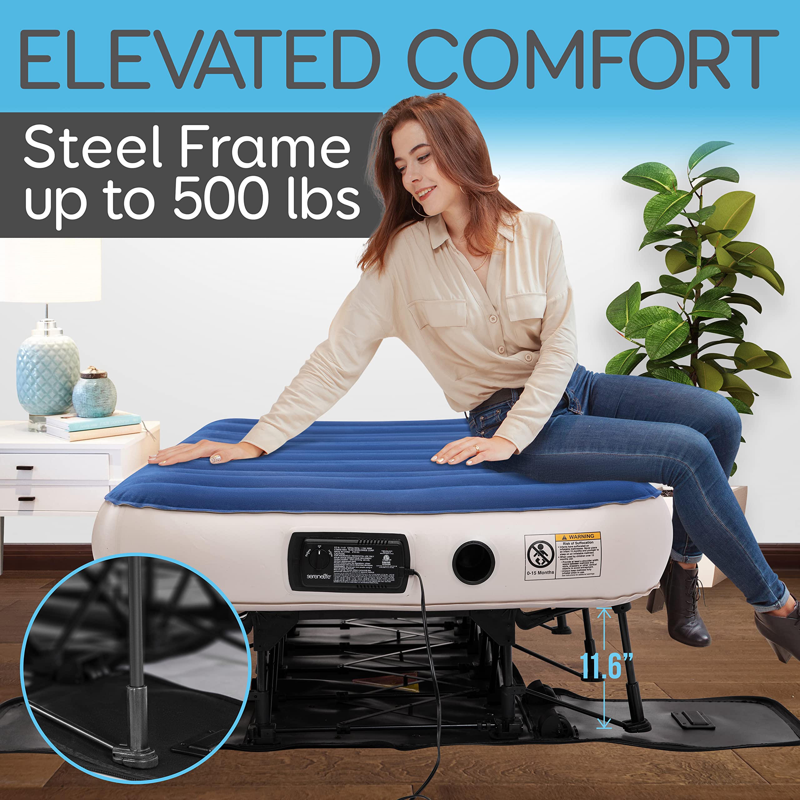 SereneLife EZ Bed Air Mattress with Frame & Rolling Case - Self-Inflating Twin Airbed with Built-in Pump - Perfect for Travel, Camping & Guest Hosting