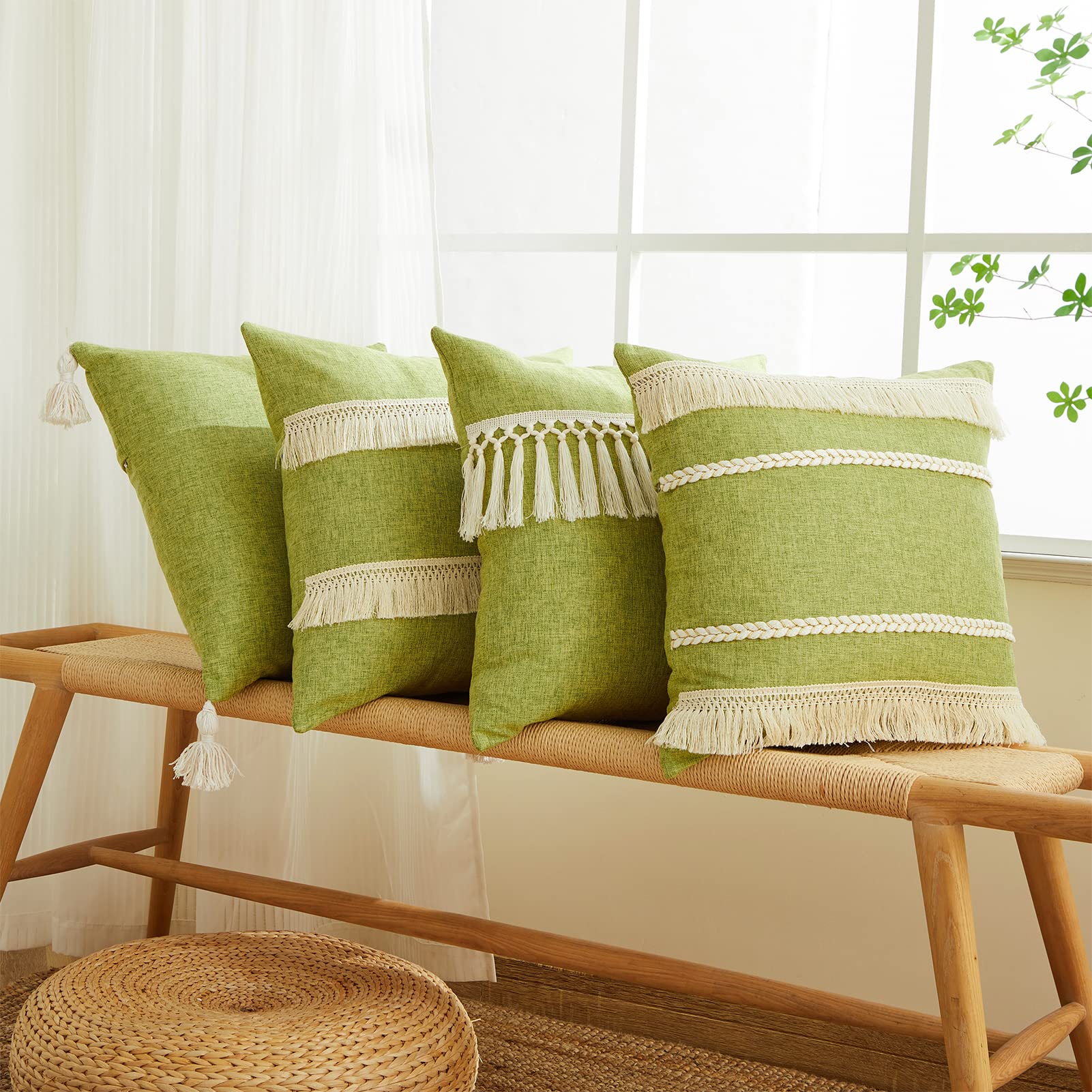 Topfinel Farmhouse 18x18 Inch Boho Pillow Covers Set of 4 - Textured Linen & Cotton Tassel Decorative Throw Pillow Covers for Couch, Bed, Sofa - Spring Summer Home Decor (Green, 45x45cm)