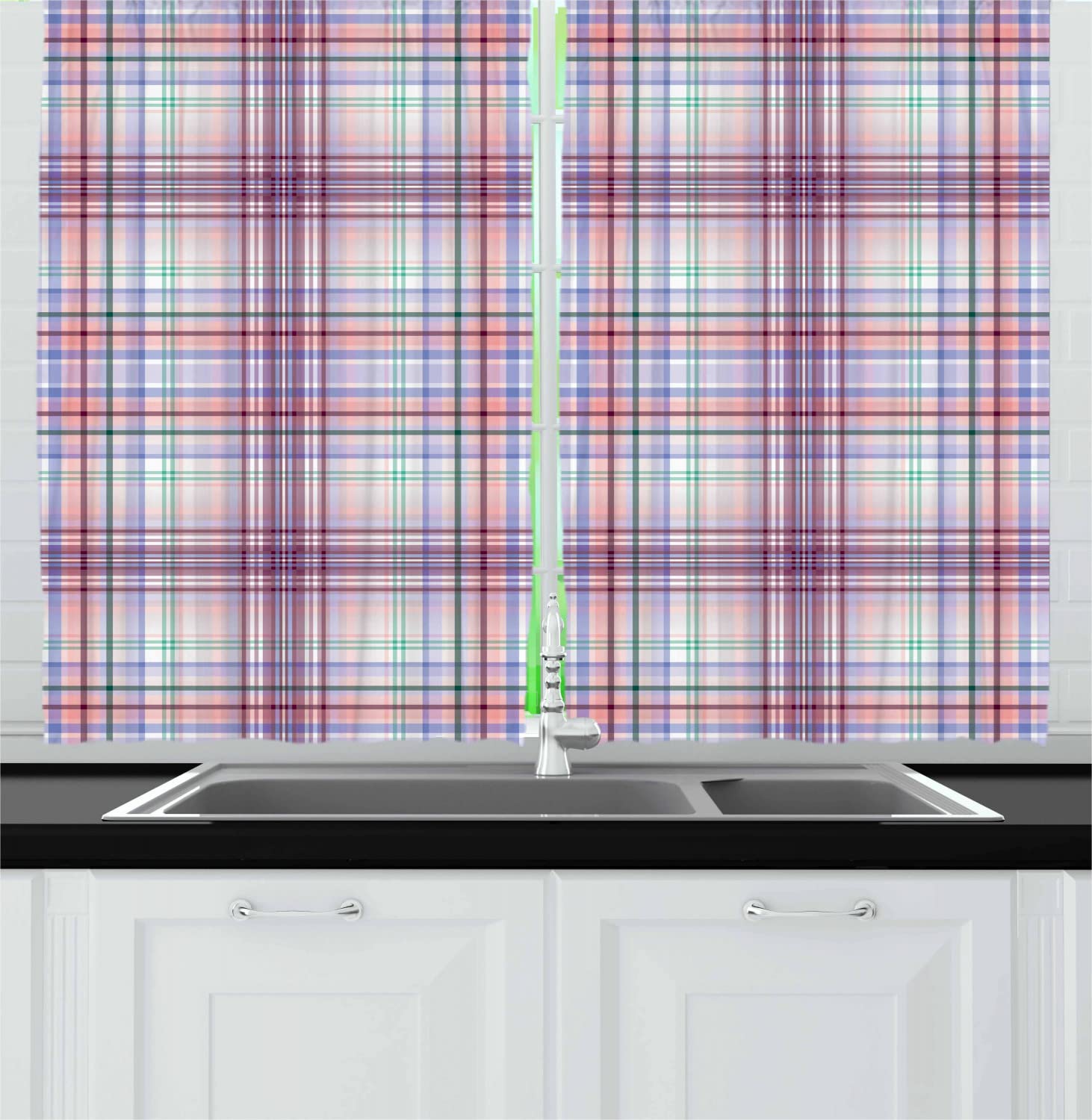 Ambesonne Checkered Long Kitchen Curtains - Geometric Stripes Retro Folkloric Irish Design, 2 Panel Rod Pocket Drapes 55