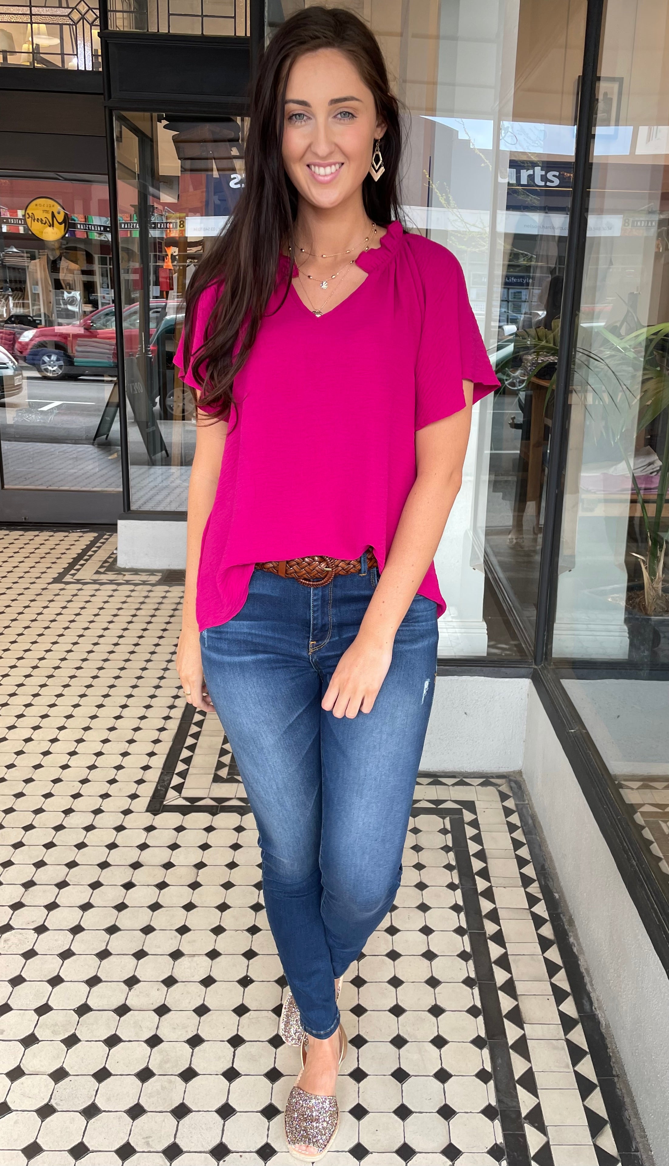 Lisa V Neck Flutter Sleeve Top Fuchsia - Women's Elegant Blouse for Work, Date Night & Special Occasions