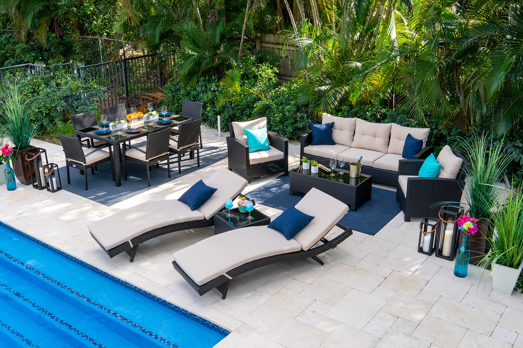 Bari 14-Piece Resin Wicker Outdoor Patio Furniture Set in Espresso Brown - Sofa, 6-Seat Dining Table & Chaise Lounge | Durable All-Weather Wicker for Backyard, Poolside & Garden Relaxation