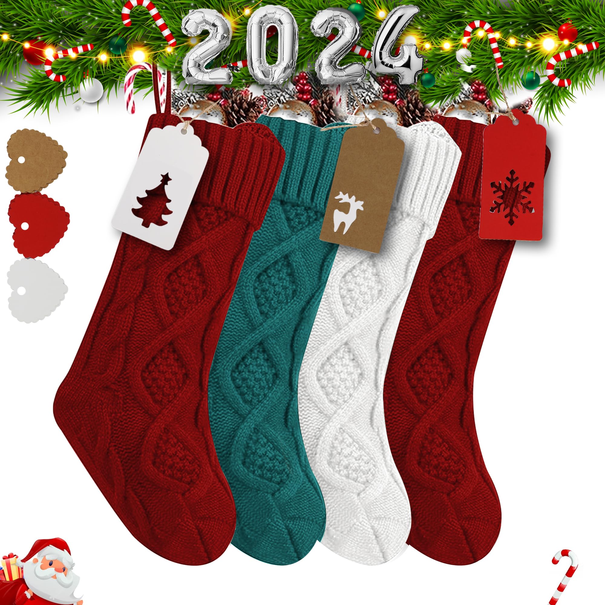 18 Inch Large Christmas Stockings 4 Pack - Burgundy Red, Ivory White & Green Knit Stockings with 50 Personalized Gift Tags | Holiday Decor for Fireplace, Mantel & Family Gift Exchange | Stretchy Xmas Stockings for Home Decor