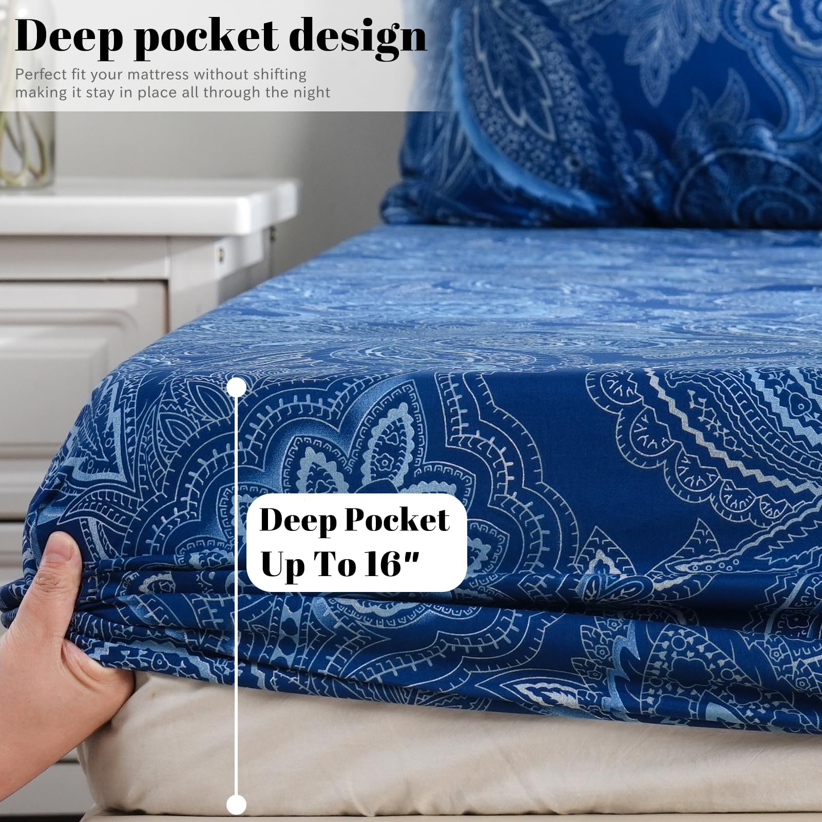 Bedlifes King Size Sheet Set - Ultra Soft & Breathable 100% Microfiber Bedding, 4-Piece Paisley Dark Navy Blue - Perfect for Luxury Bedrooms, Guest Rooms & Vacation Homes