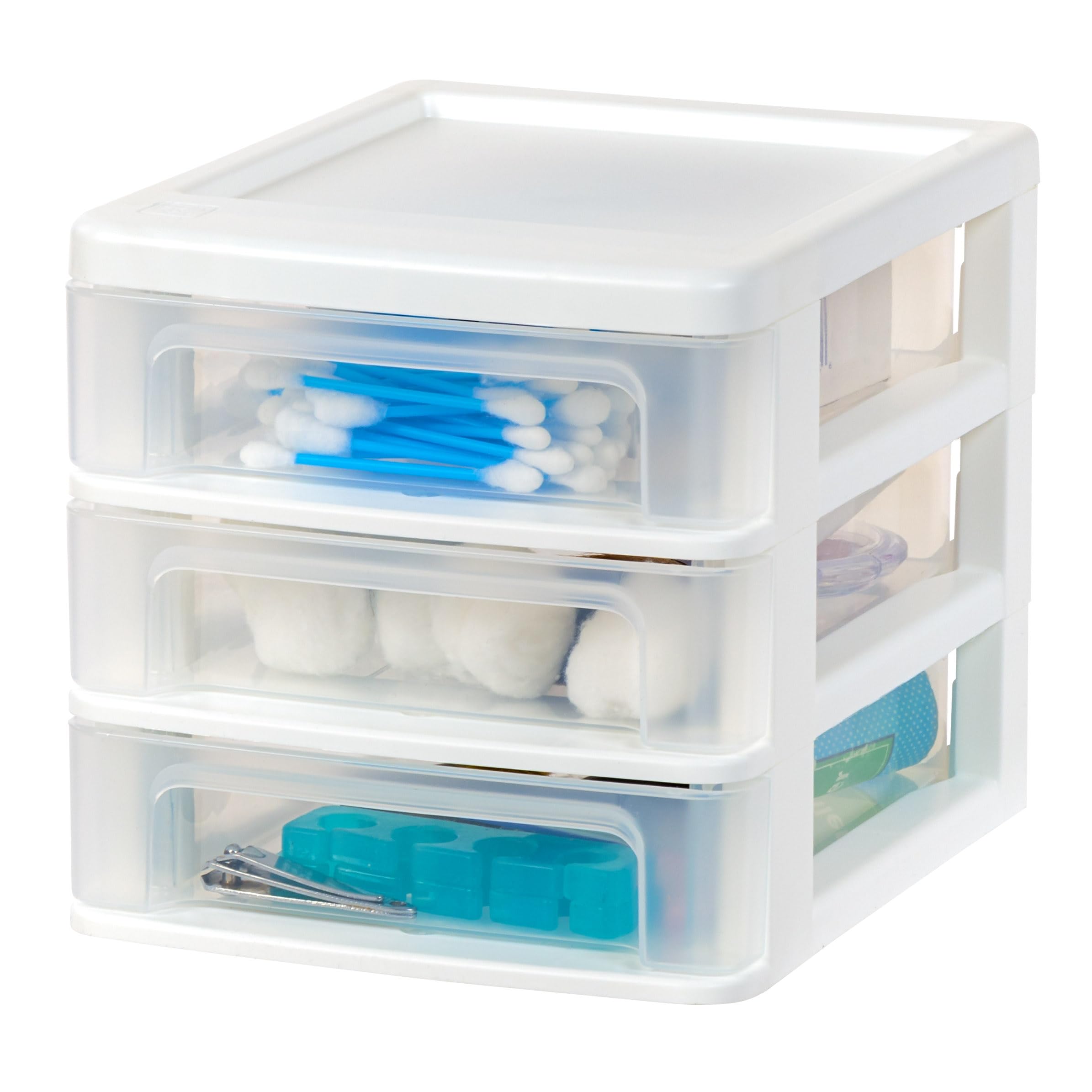 IRIS USA Plastic Stacking Desk Top 3-Drawer Storage Organizer, 4-Pack - White Small Drawers for Vanity, Nail Polish, Bathroom, Office, Craft & Kitchen Organization | Perfect for Makeup, Stationery, Art Supplies & Small Item Storage in Home, Garage or Workspace