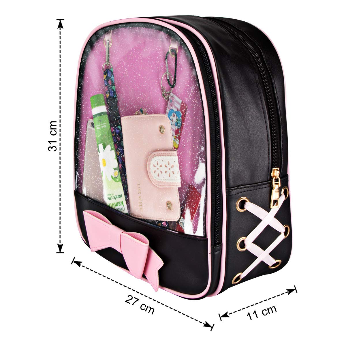 FF1 Candy Leather Bow Backpack - Clear Transparent Beach Bag for Girls, Kawaii Ita Bag for Conventions, School, Travel & Cosplay Accessories Storage